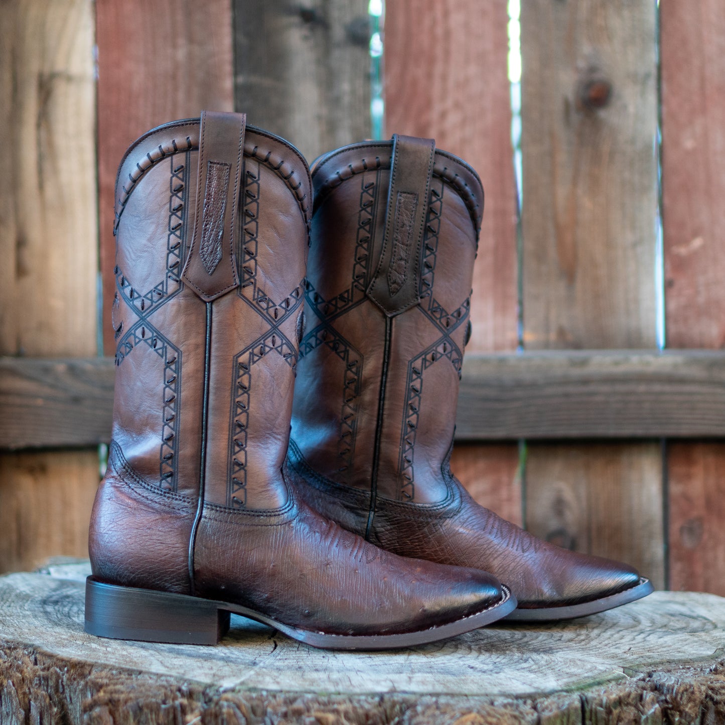 Cuadra Men's Ostrich Belly Laser And Woven Square Toe Cowboy Boots in Flame Chocolate