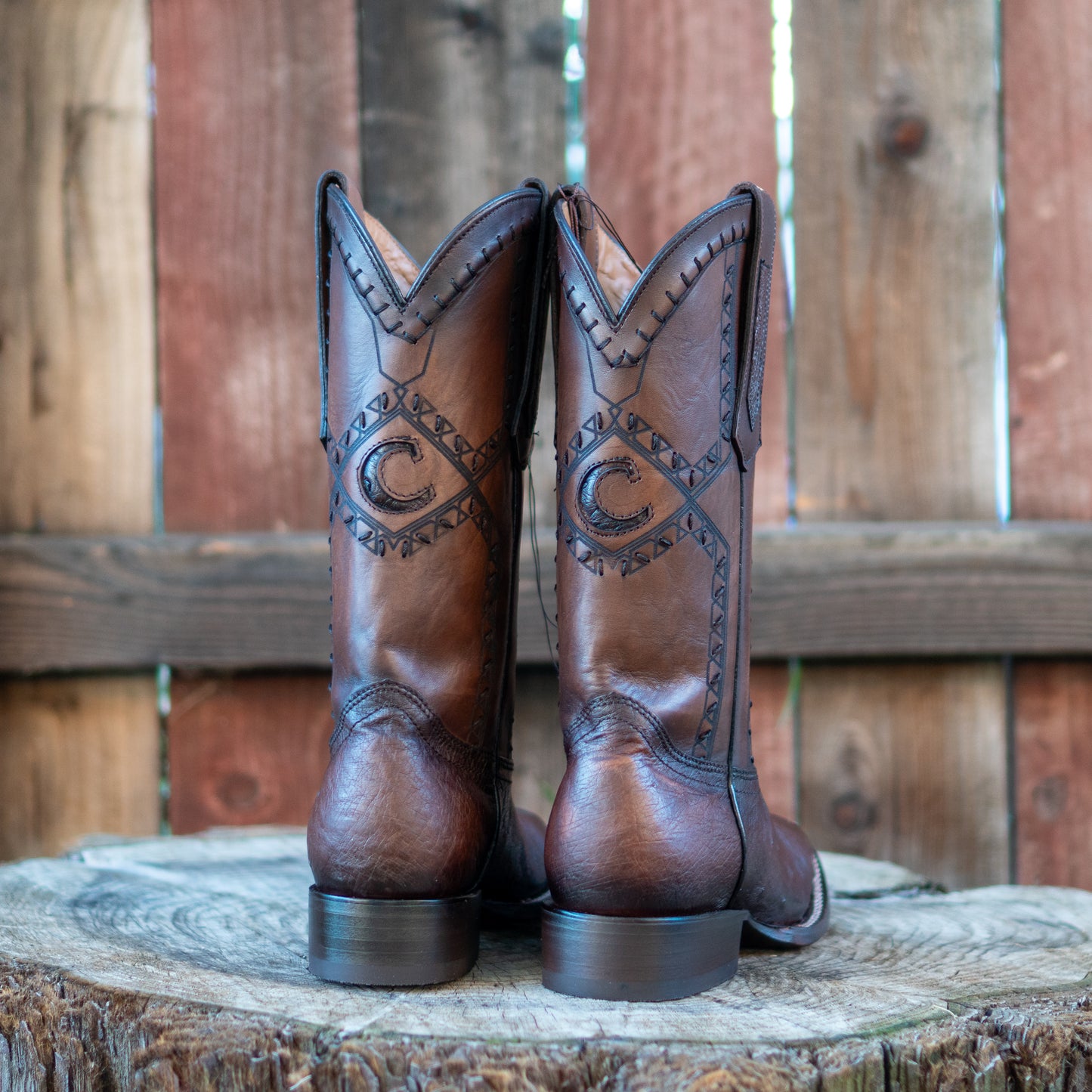 Cuadra Men's Ostrich Belly Laser And Woven Square Toe Cowboy Boots in Flame Chocolate