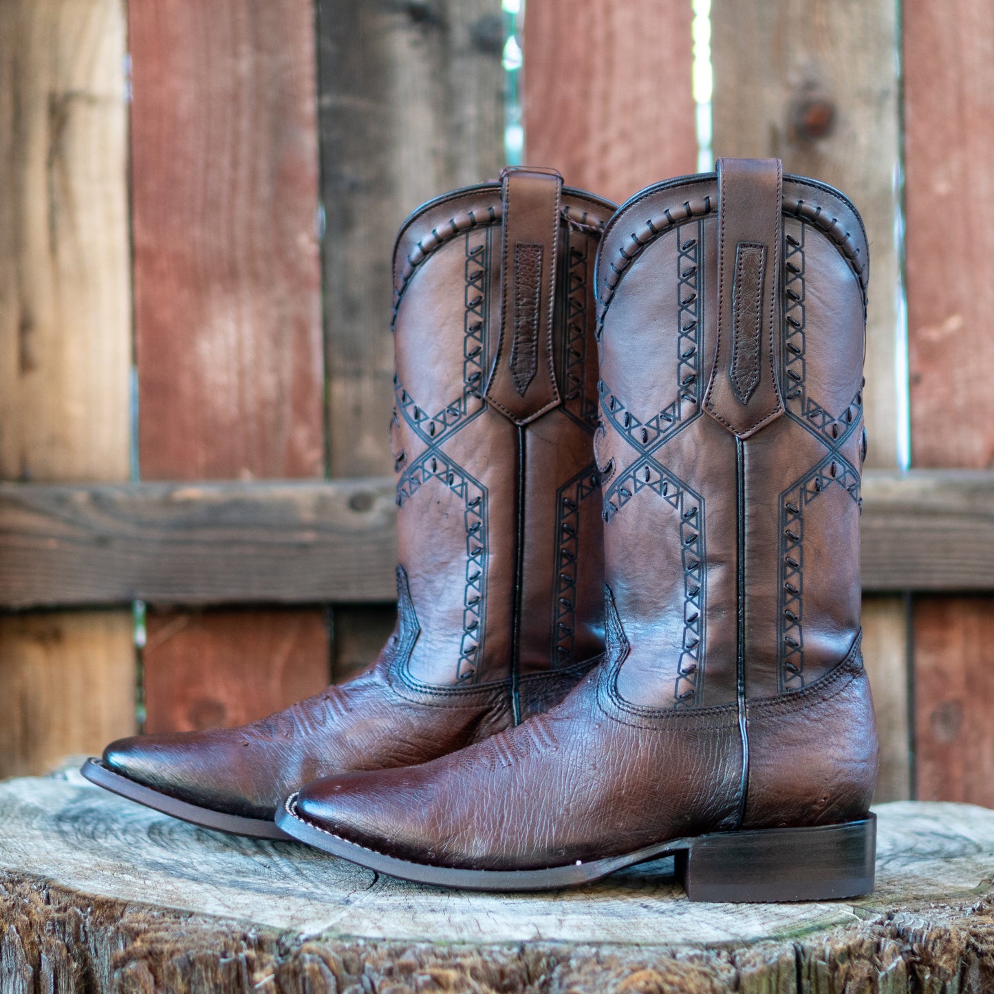 Cuadra Men's Ostrich Belly Laser And Woven Square Toe Cowboy Boots in Flame Chocolate