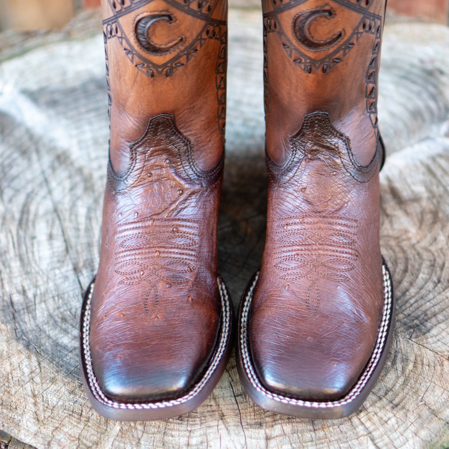Cuadra Men's Ostrich Belly Laser And Woven Square Toe Cowboy Boots in Flame Chocolate