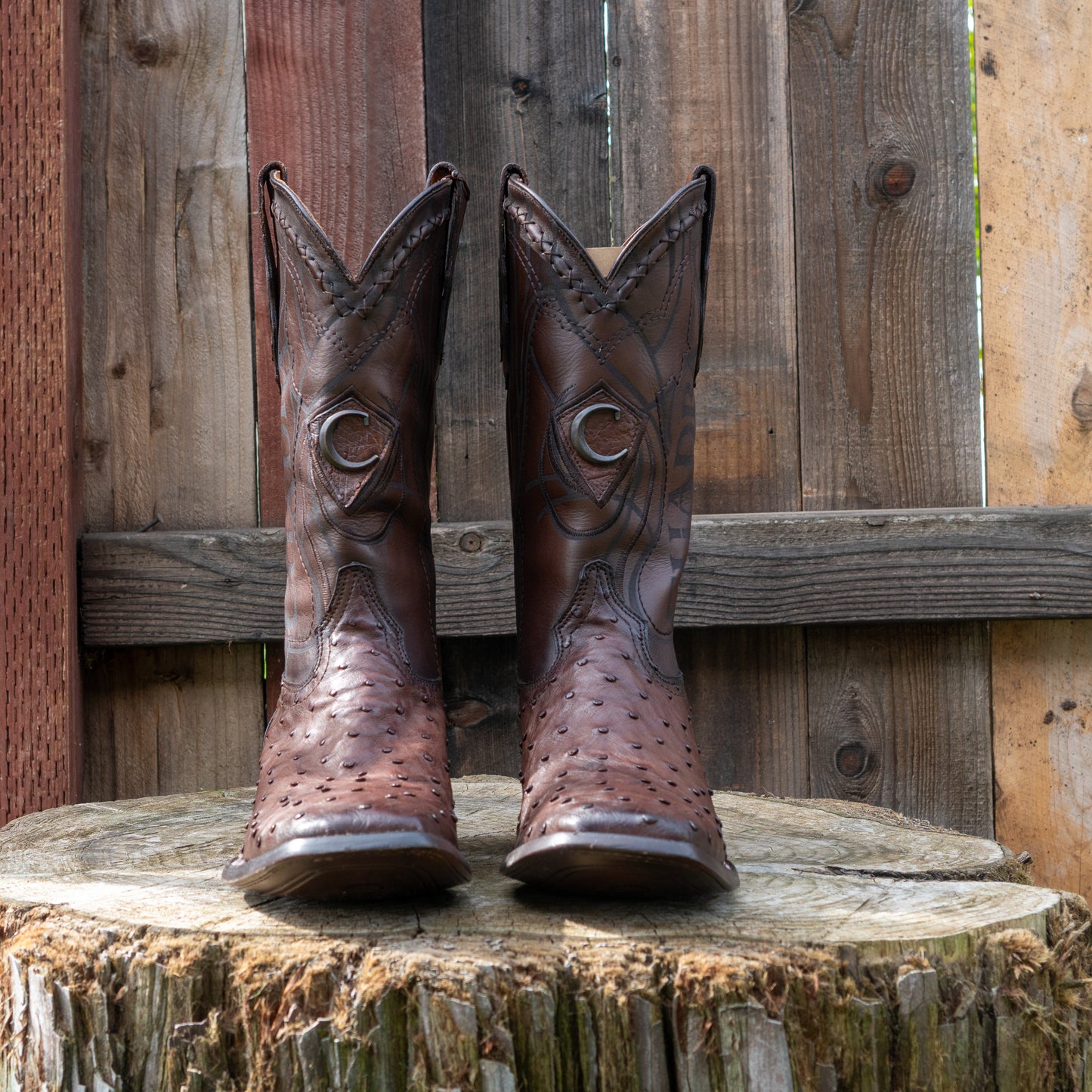 Cuadra Men's Ostrich Laser And Embroidery Square Toe Cowboy Boots in Flame Brown