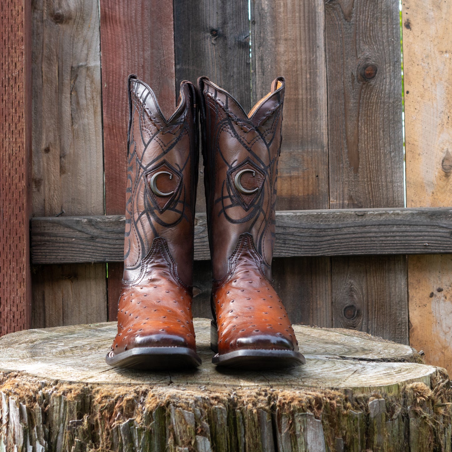 Cuadra Men's Ostrich Laser And Embroidery Square Toe Cowboy Boots in Brown