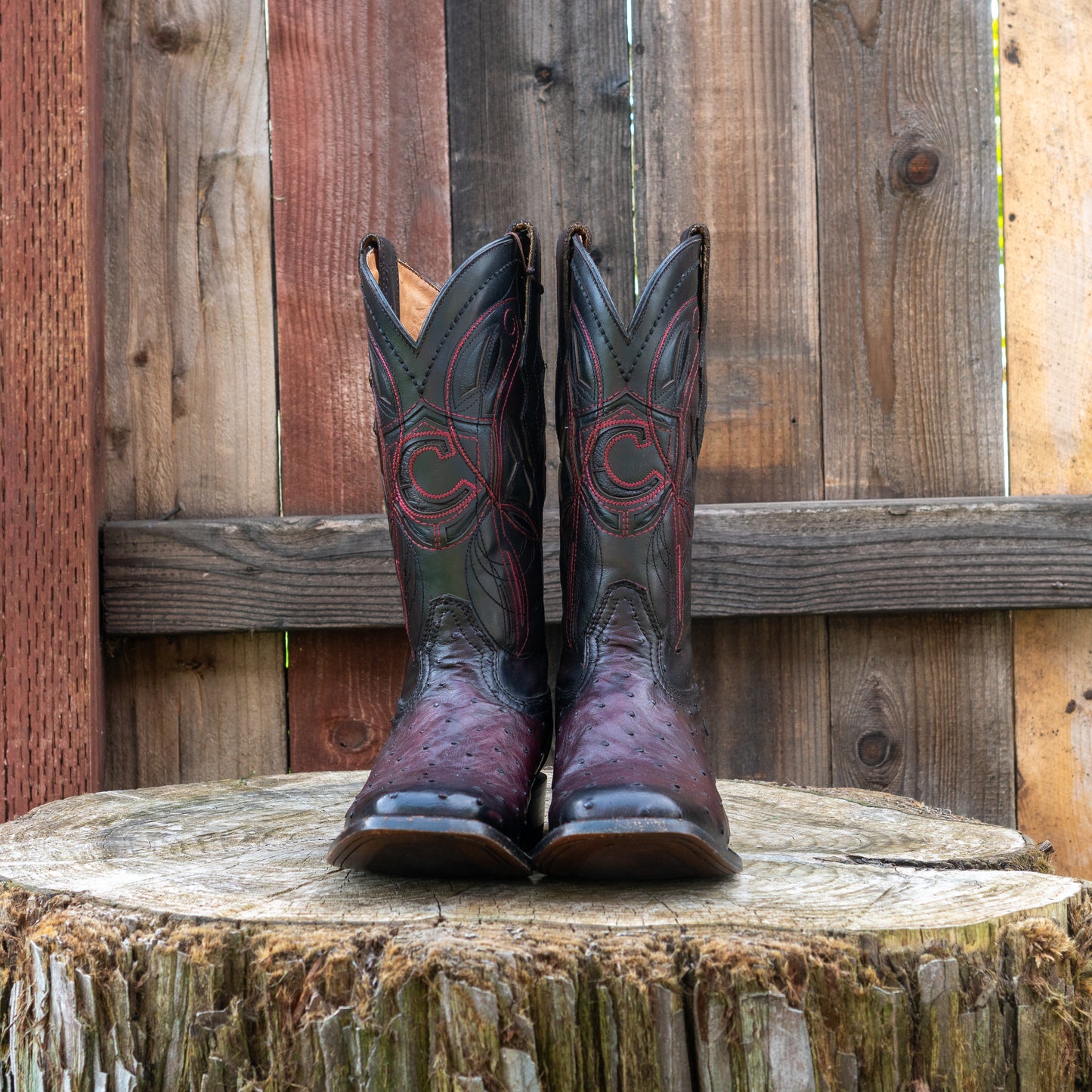 Cuadra Men's Ostrich Cowboy Boots in Black Cherry