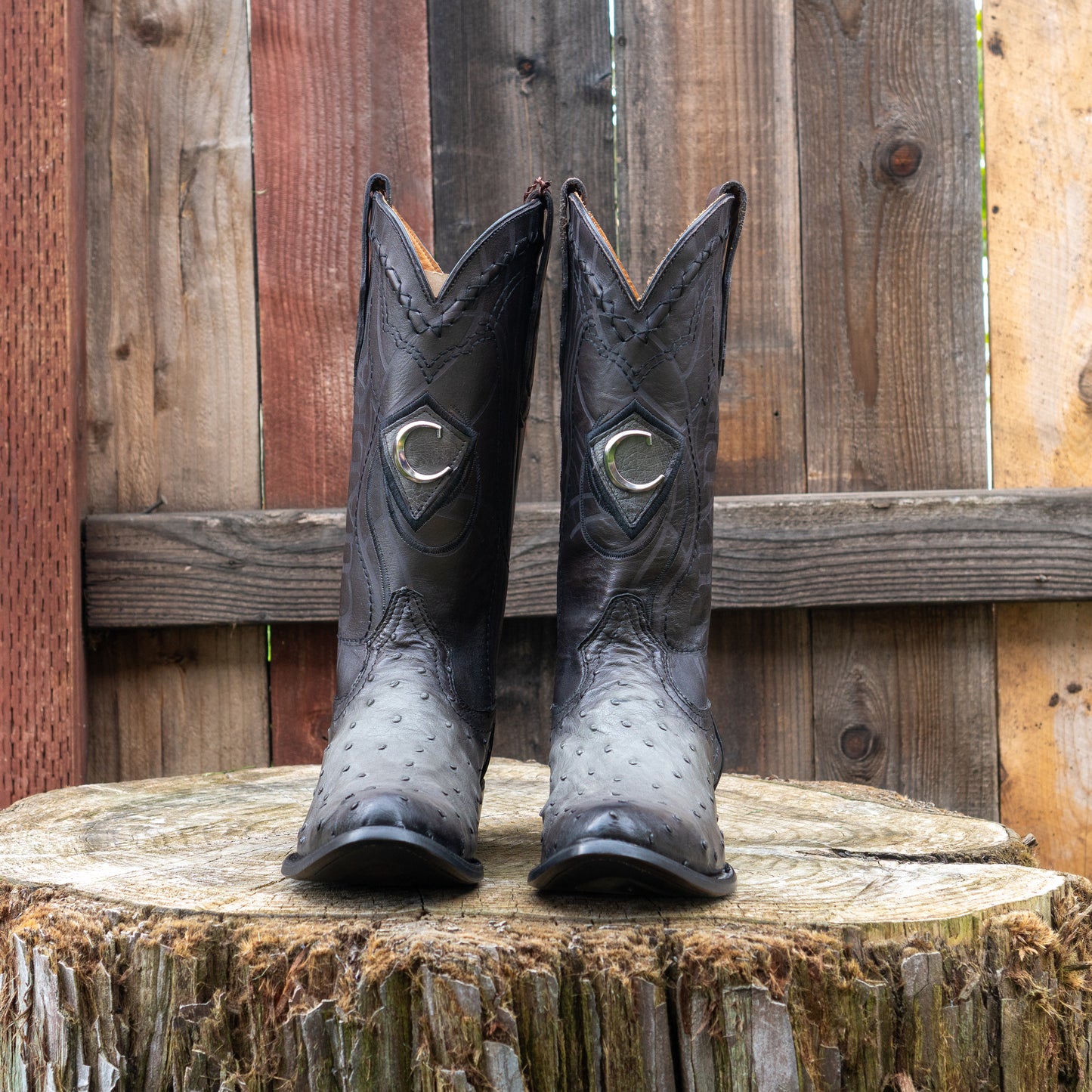 Cuadra Men's Ostrich Laser And Embroidery Round Toe Cowboy Boots in Grey