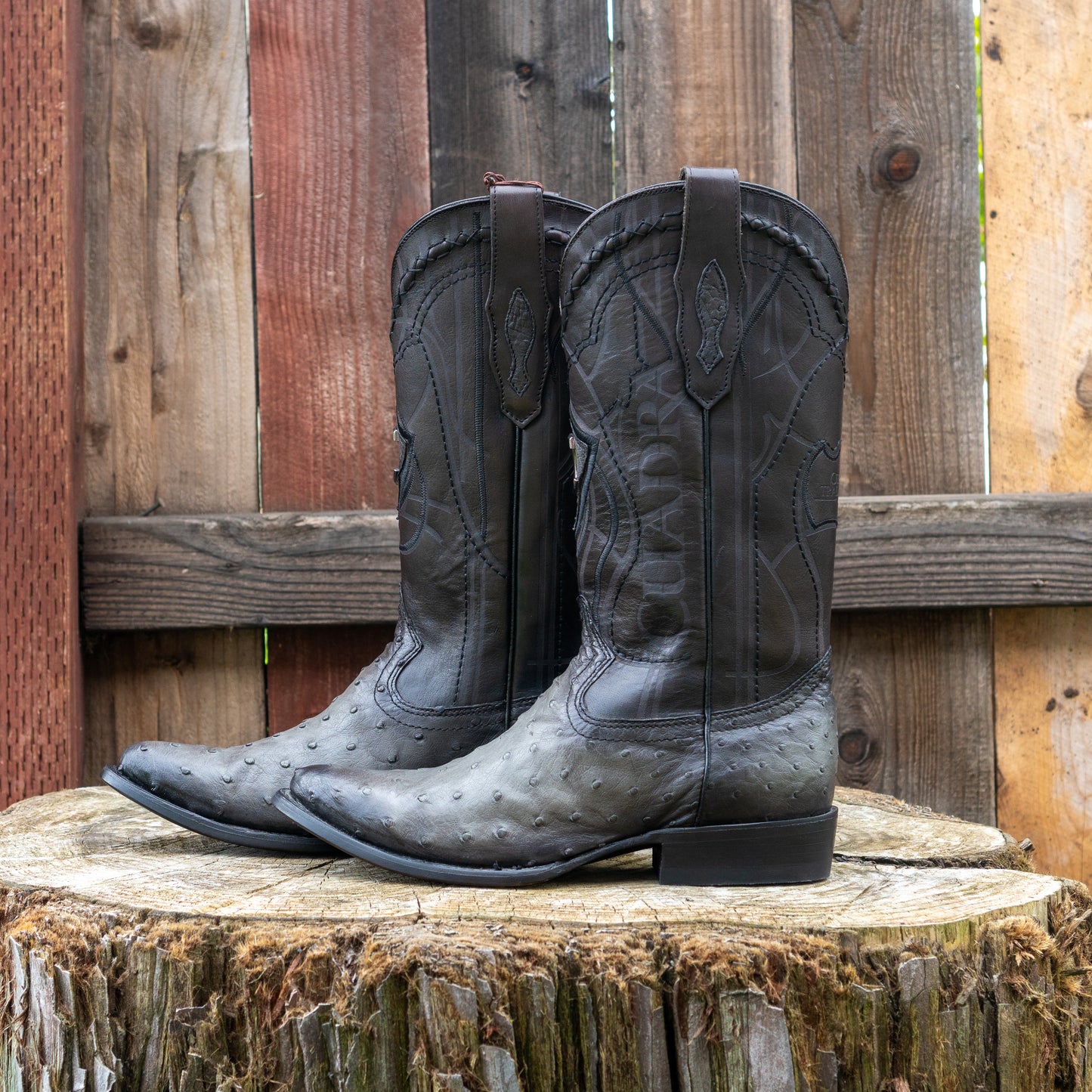 Cuadra Men's Ostrich Laser And Embroidery Round Toe Cowboy Boots in Grey