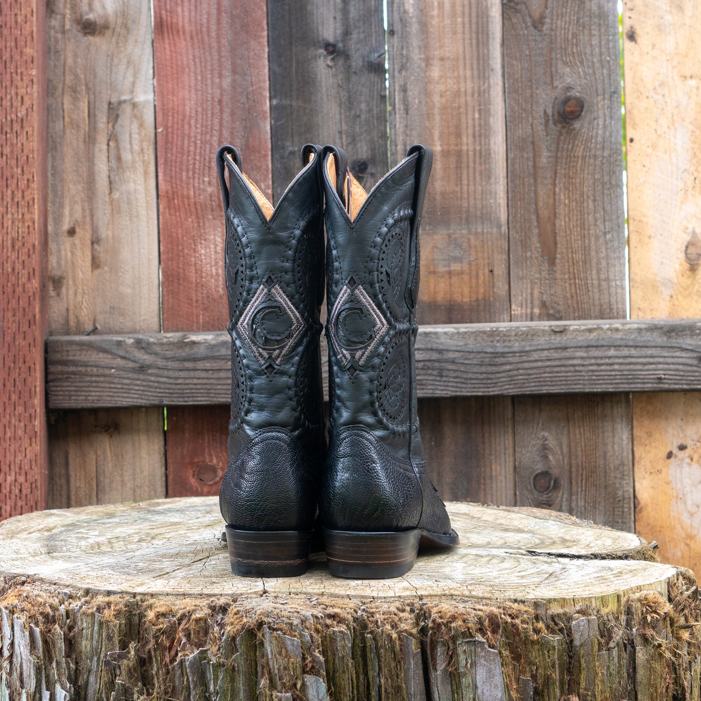 Cuadra Men's Ostrich Leg Laser And Woven Narrow Snip Toe Exotic Leather Cowboy Boots in Black