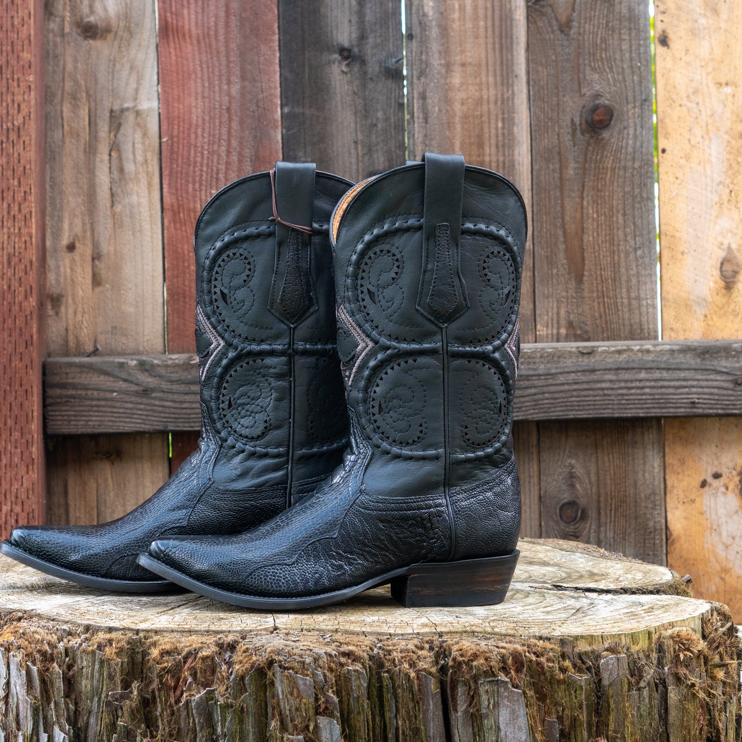Cuadra Men's Ostrich Leg Laser And Woven Narrow Snip Toe Exotic Leather Cowboy Boots in Black