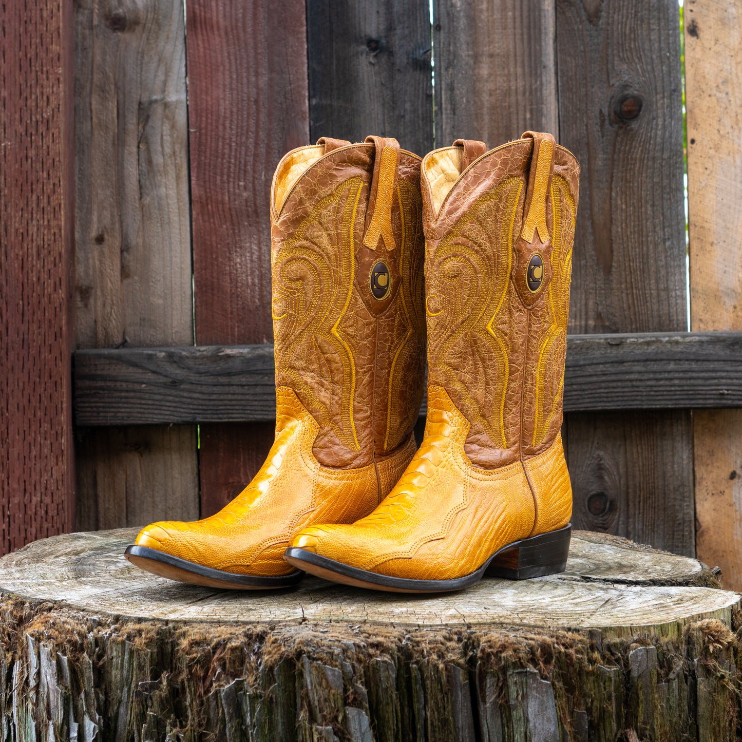 Cuadra Men's Ostrich Leg Laser And Woven Narrow Snip Toe Exotic Leather Cowboy Boots in Yellow