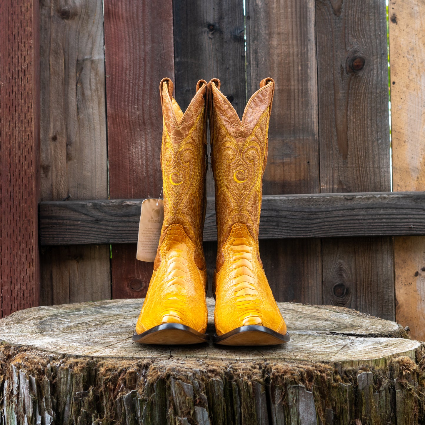 Cuadra Men's Ostrich Leg Laser And Woven Narrow Snip Toe Exotic Leather Cowboy Boots in Yellow