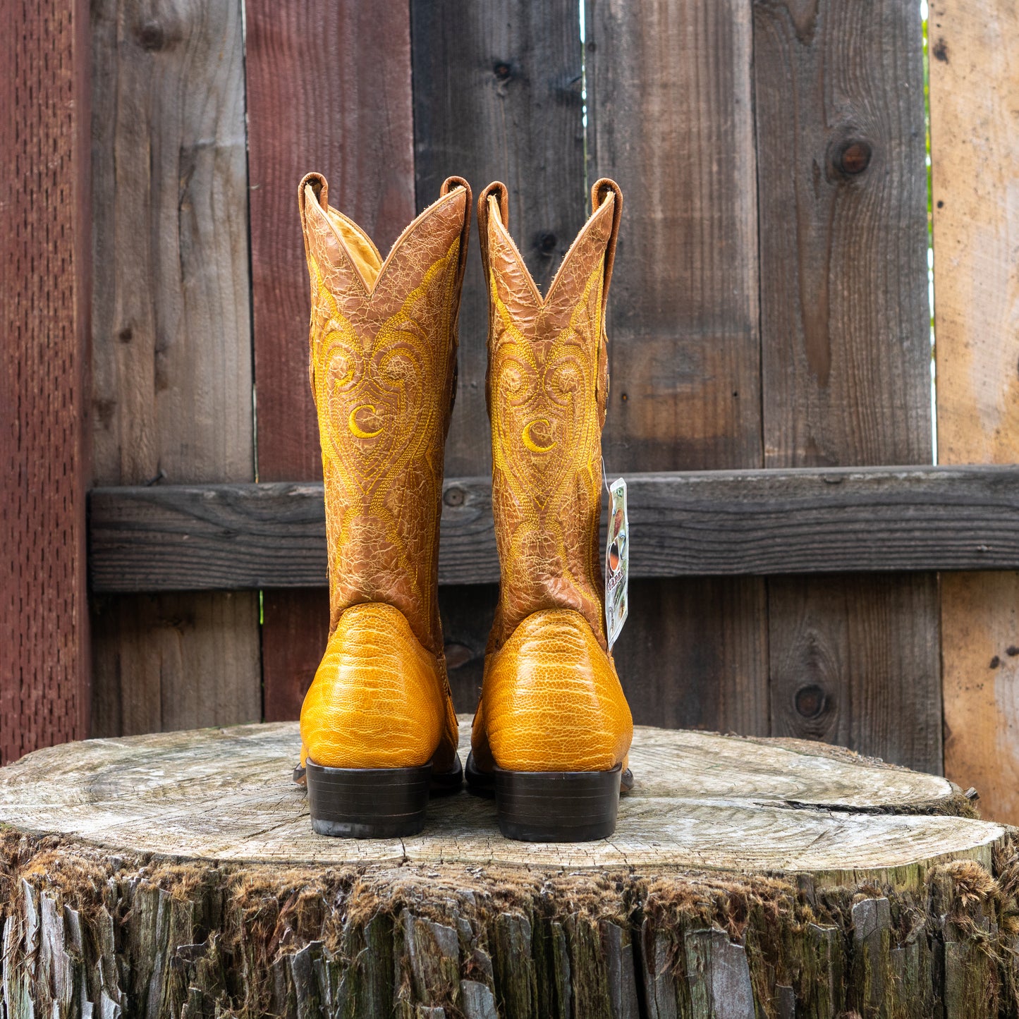 Cuadra Men's Ostrich Leg Laser And Woven Narrow Snip Toe Exotic Leather Cowboy Boots in Yellow