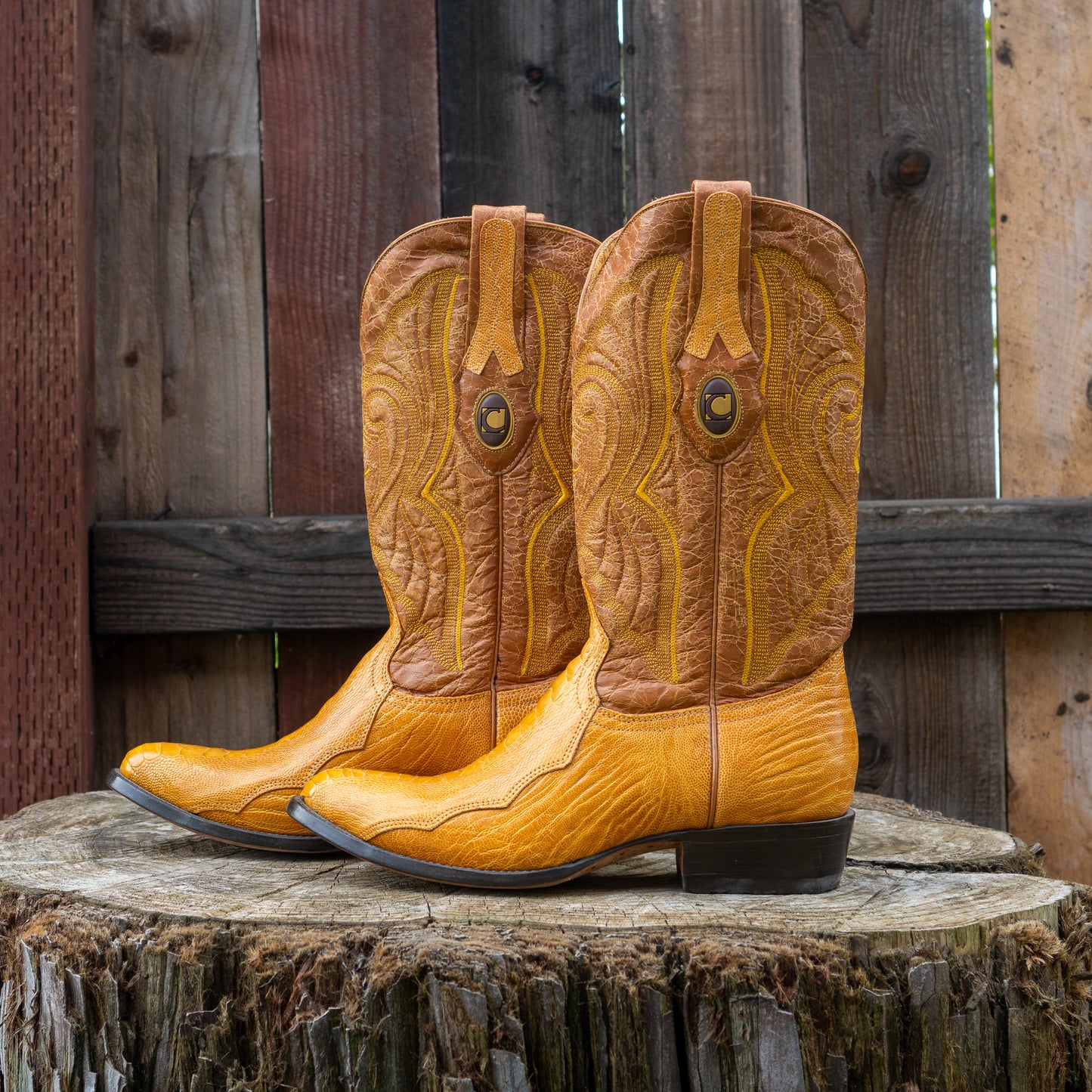 Cuadra Men's Ostrich Leg Laser And Woven Narrow Snip Toe Exotic Leather Cowboy Boots in Yellow