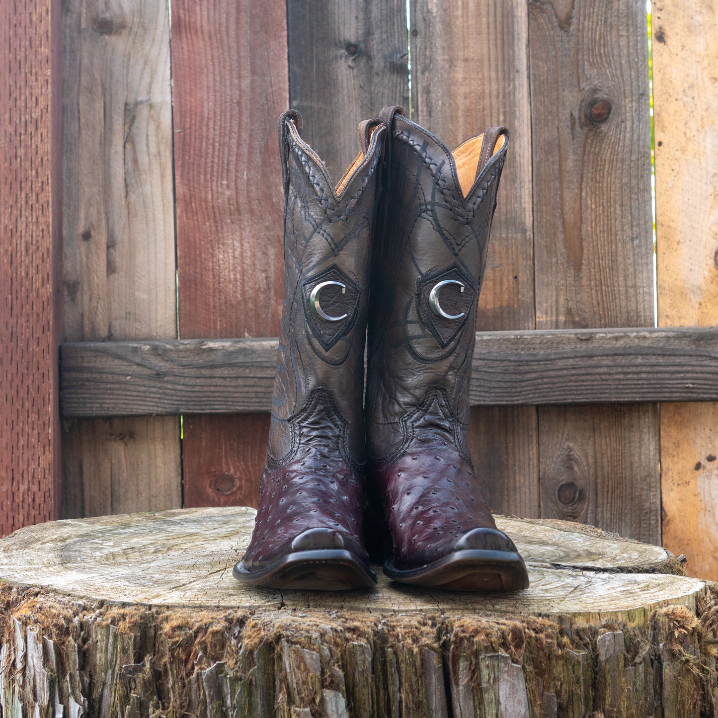 Cuadra Men's Ostrich Cowboy Boots in Flame Black Cherry