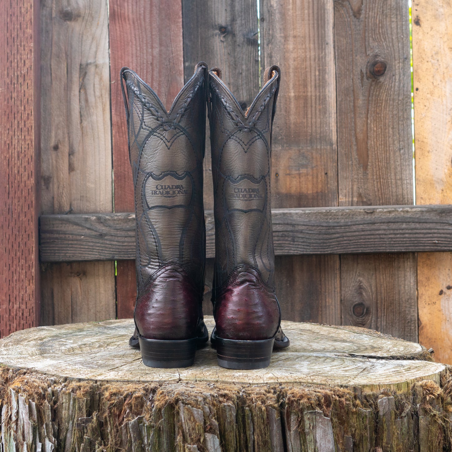 Cuadra Men's Ostrich Cowboy Boots in Flame Black Cherry