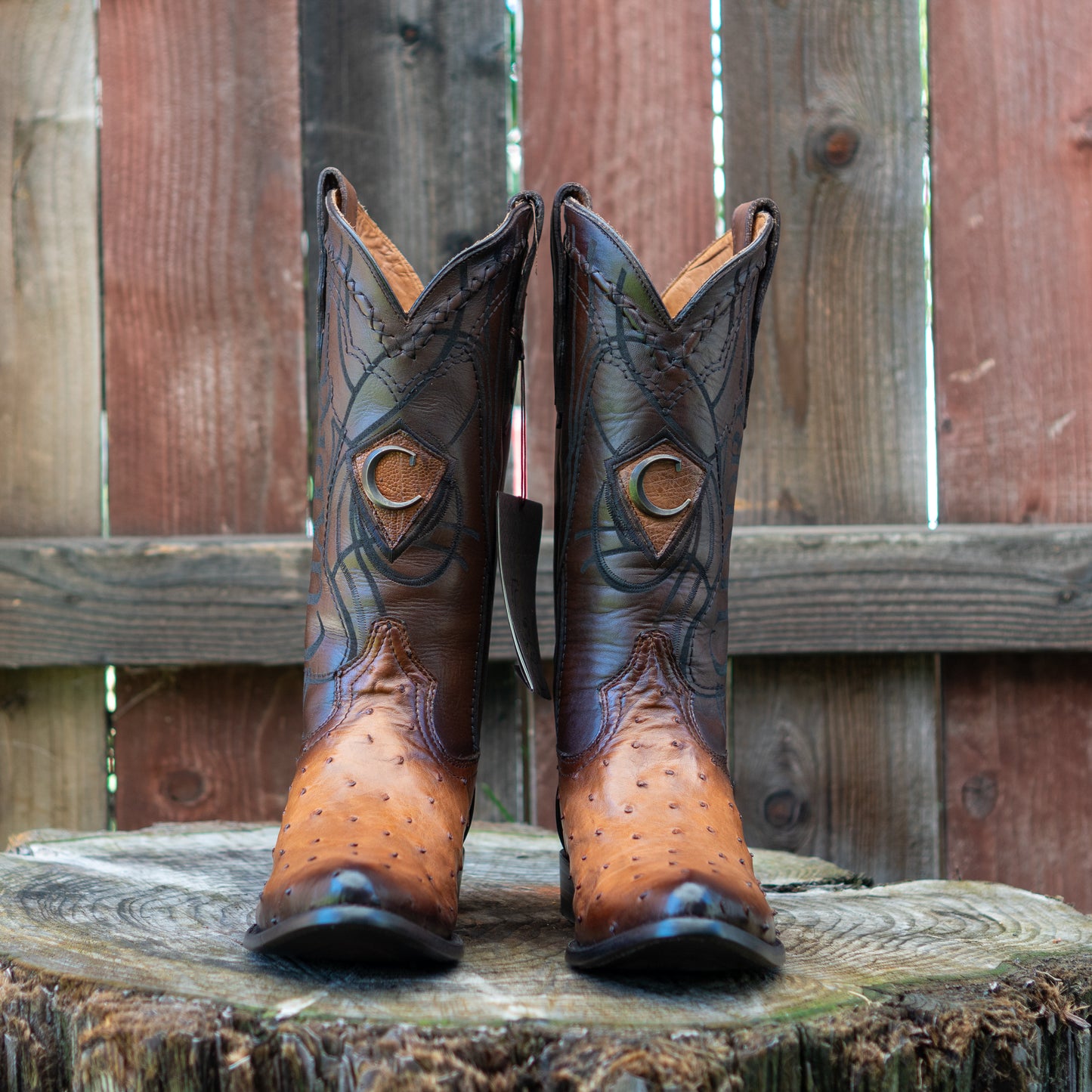 Cuadra Men's Ostrich Laser And Embroidery Round Toe Cowboy Boots in Honey