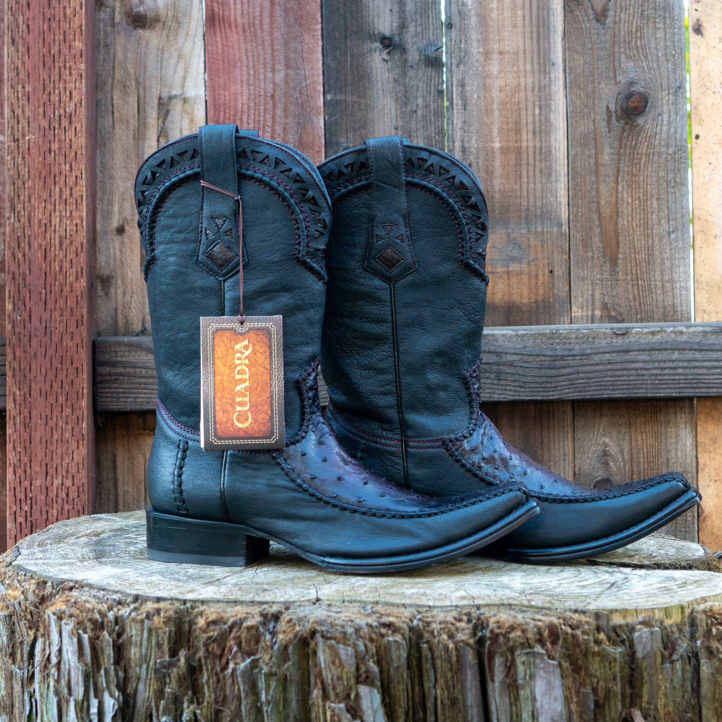 Cuadra Men's Ostrich Cowboy Boots in Flame Black Cherry