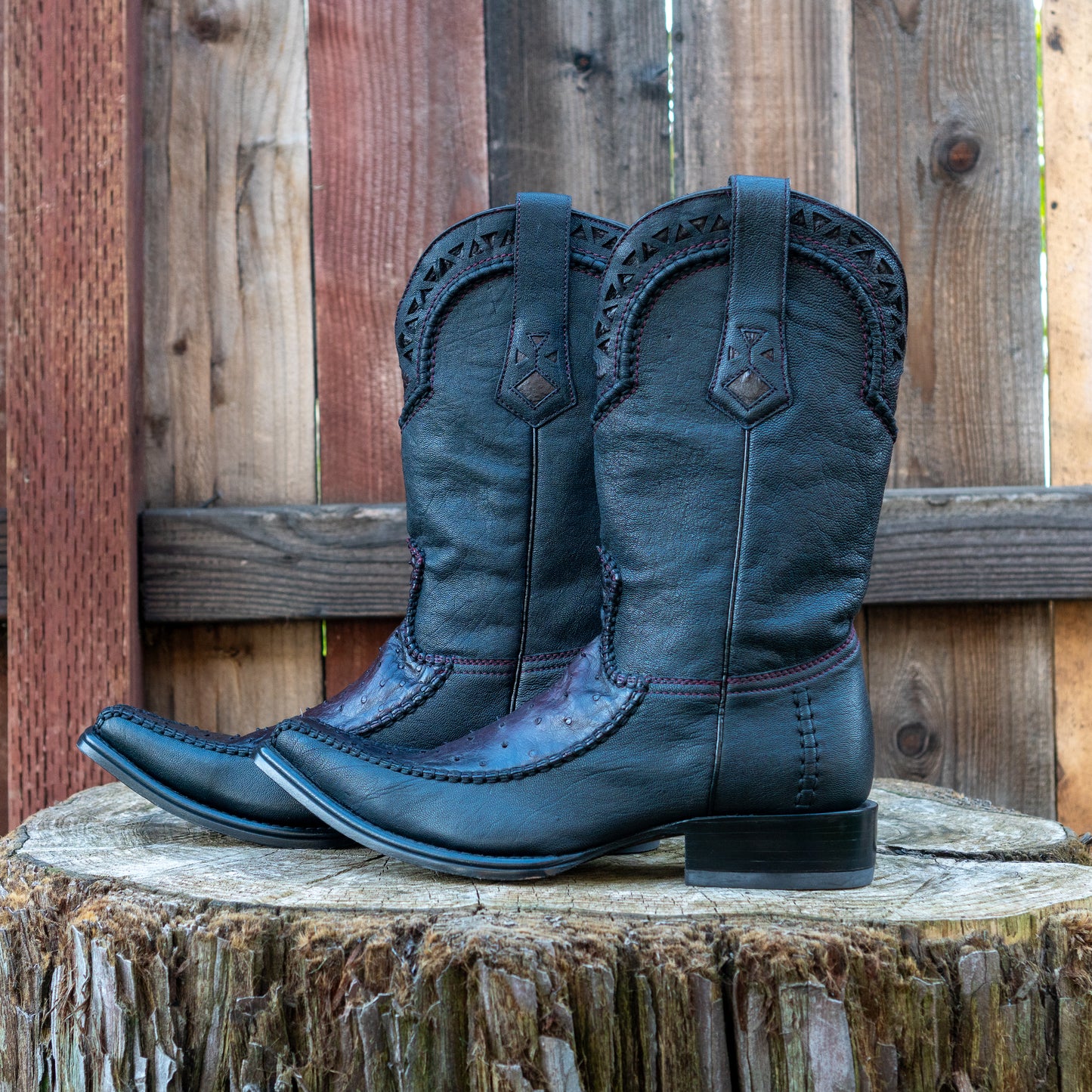 Cuadra Men's Ostrich Cowboy Boots in Flame Black Cherry