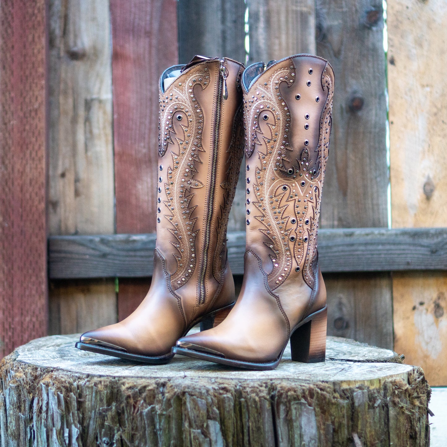Cuadra Ladies Sand Overlay and Embroidery Studs Point Toe Tall Western Style Boots CU763