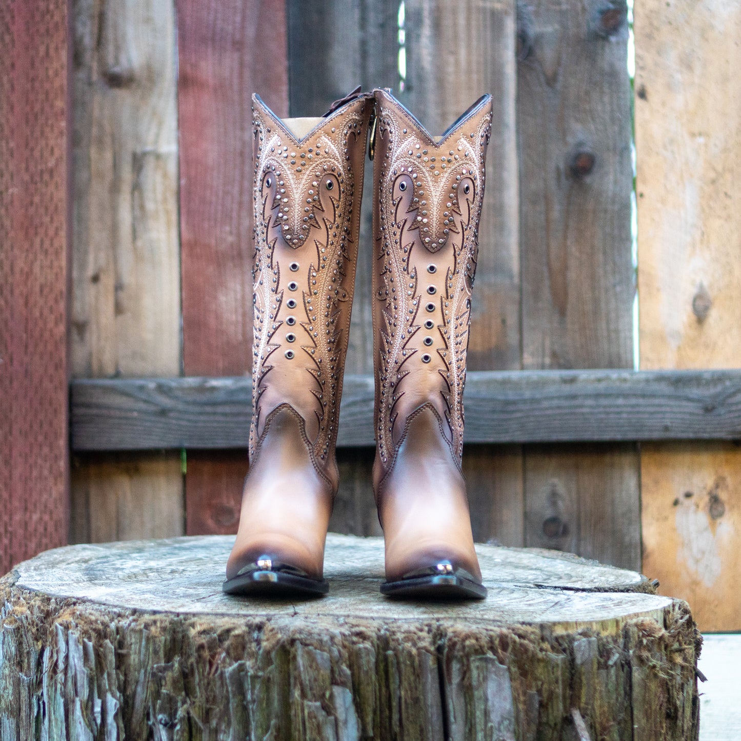 Cuadra Ladies Sand Overlay and Embroidery Studs Point Toe Tall Western Style Boots CU763