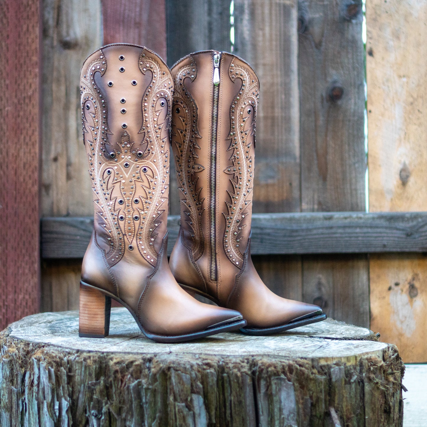 Cuadra Ladies Sand Overlay and Embroidery Studs Point Toe Tall Western Style Boots CU763