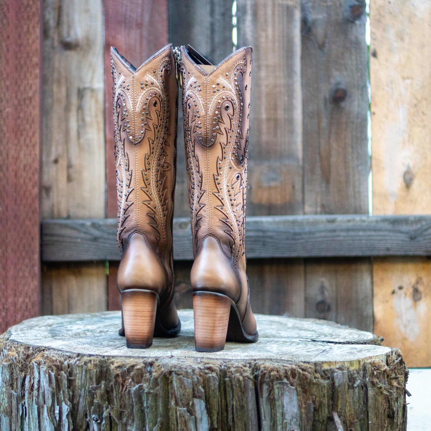 Cuadra Ladies Sand Overlay and Embroidery Studs Point Toe Tall Western Style Boots CU763