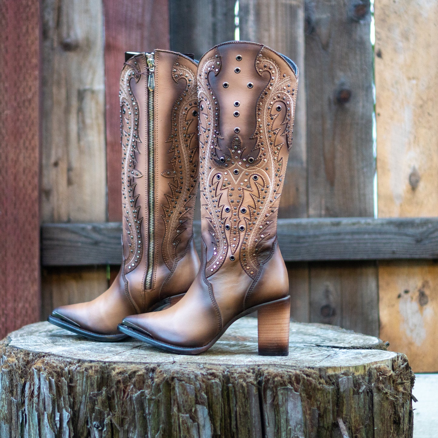 Cuadra Ladies Sand Overlay and Embroidery Studs Point Toe Tall Western Style Boots CU763