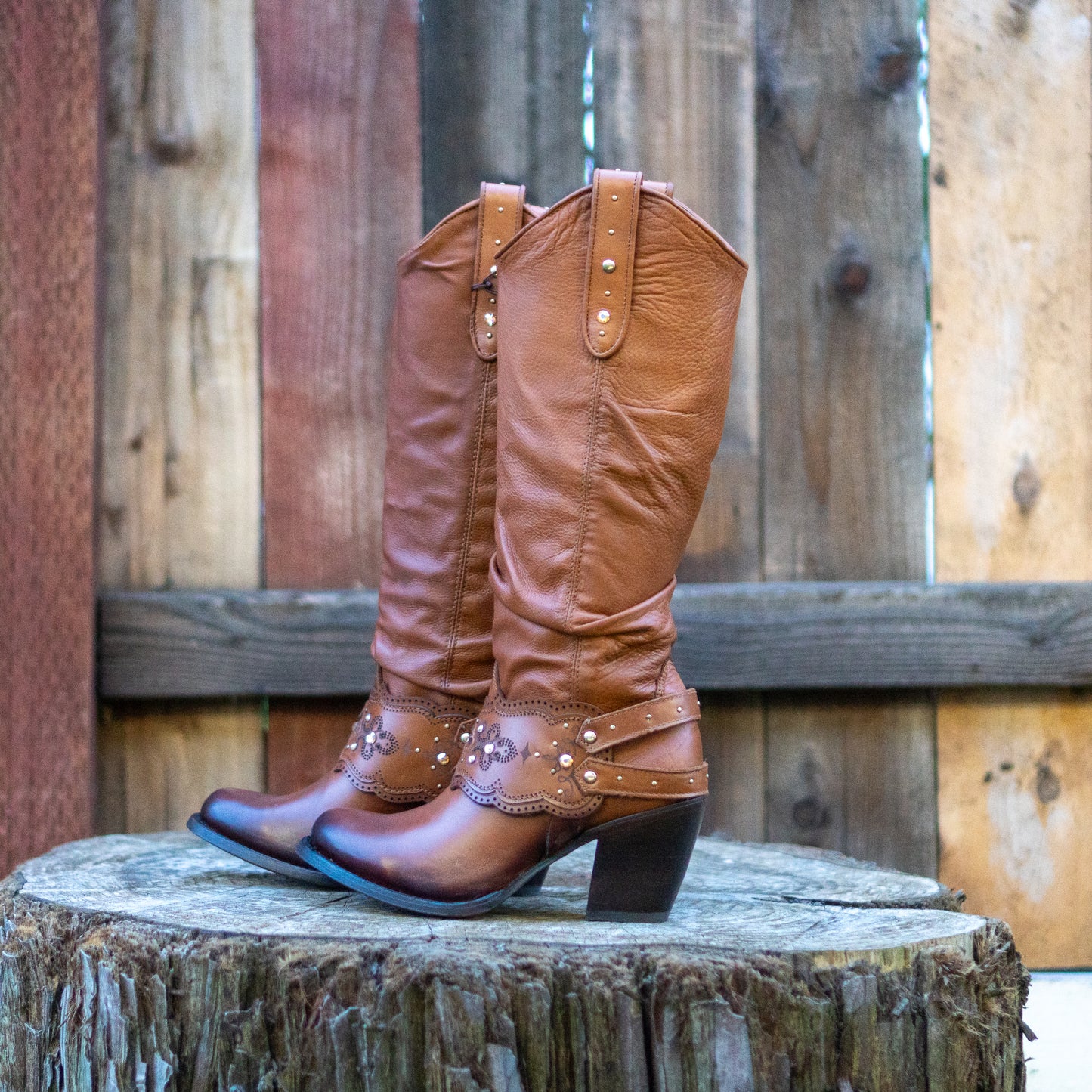 Cuadra Ladies Honey Laser And Crystals Round Toe Tall Boots