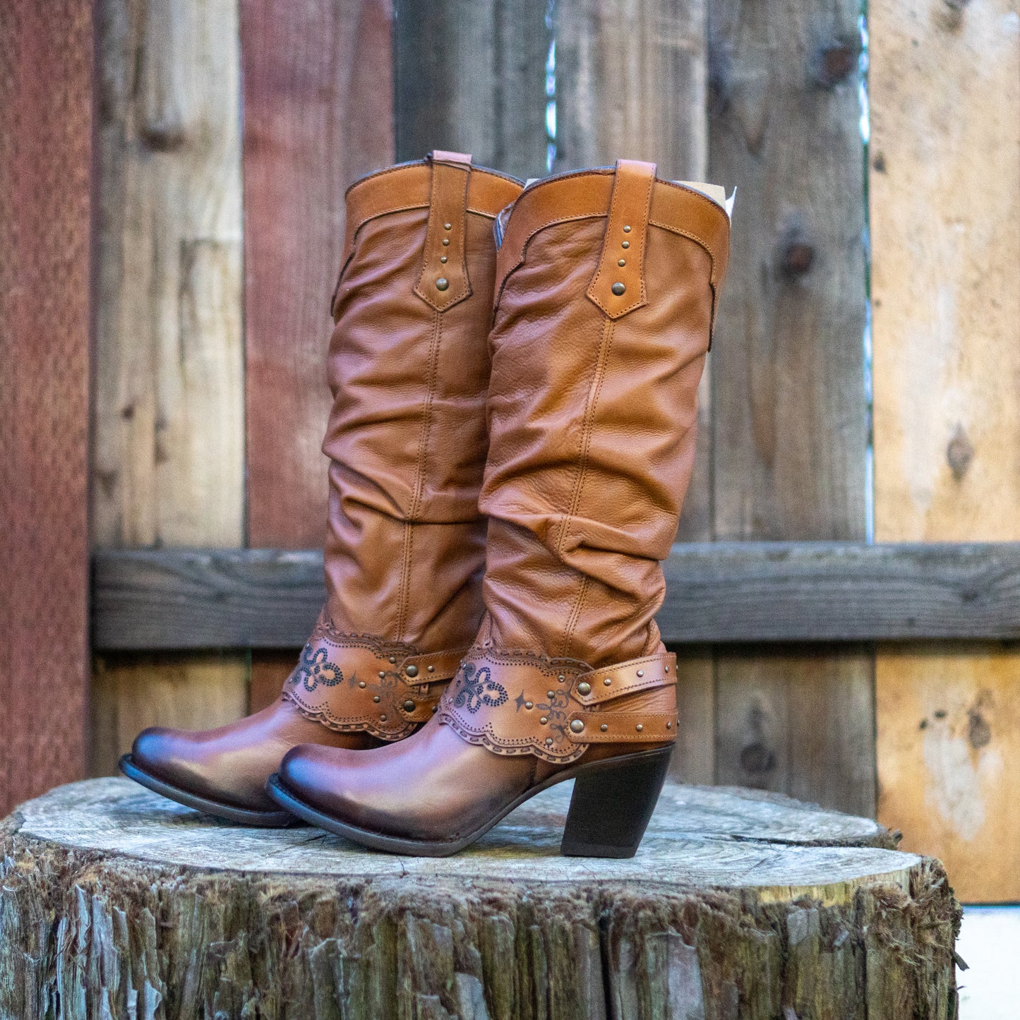 Cuadra Ladies Honey Studs and Harness Round Toe Tall Boots