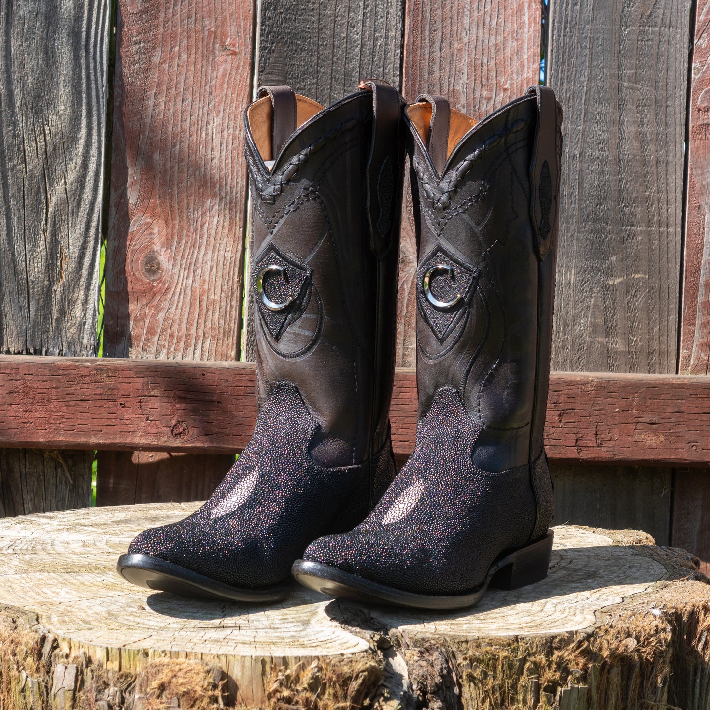 Cuadra Men's Exotic Black Stingray Leather Laser Embroidery and Round Toe Cowboy Boots CU343