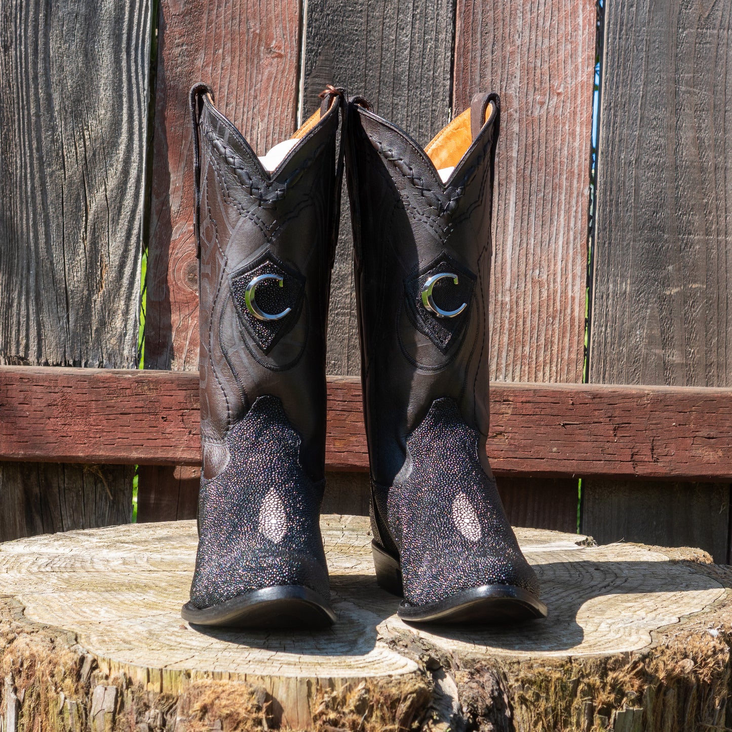 Cuadra Men's Exotic Black Stingray Leather Laser Embroidery and Round Toe Cowboy Boots CU343