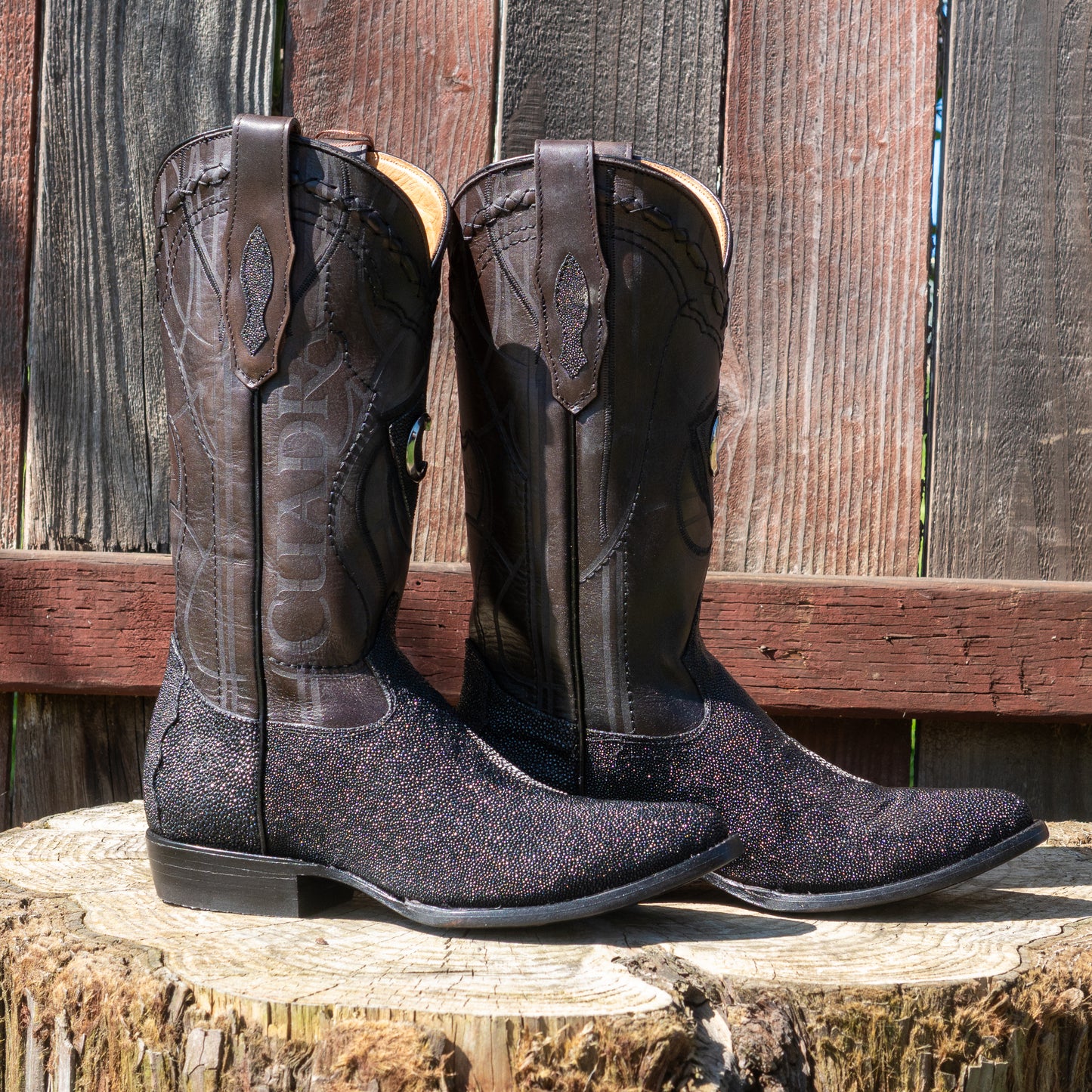 Cuadra Men's Exotic Black Stingray Leather Laser Embroidery and Round Toe Cowboy Boots CU343
