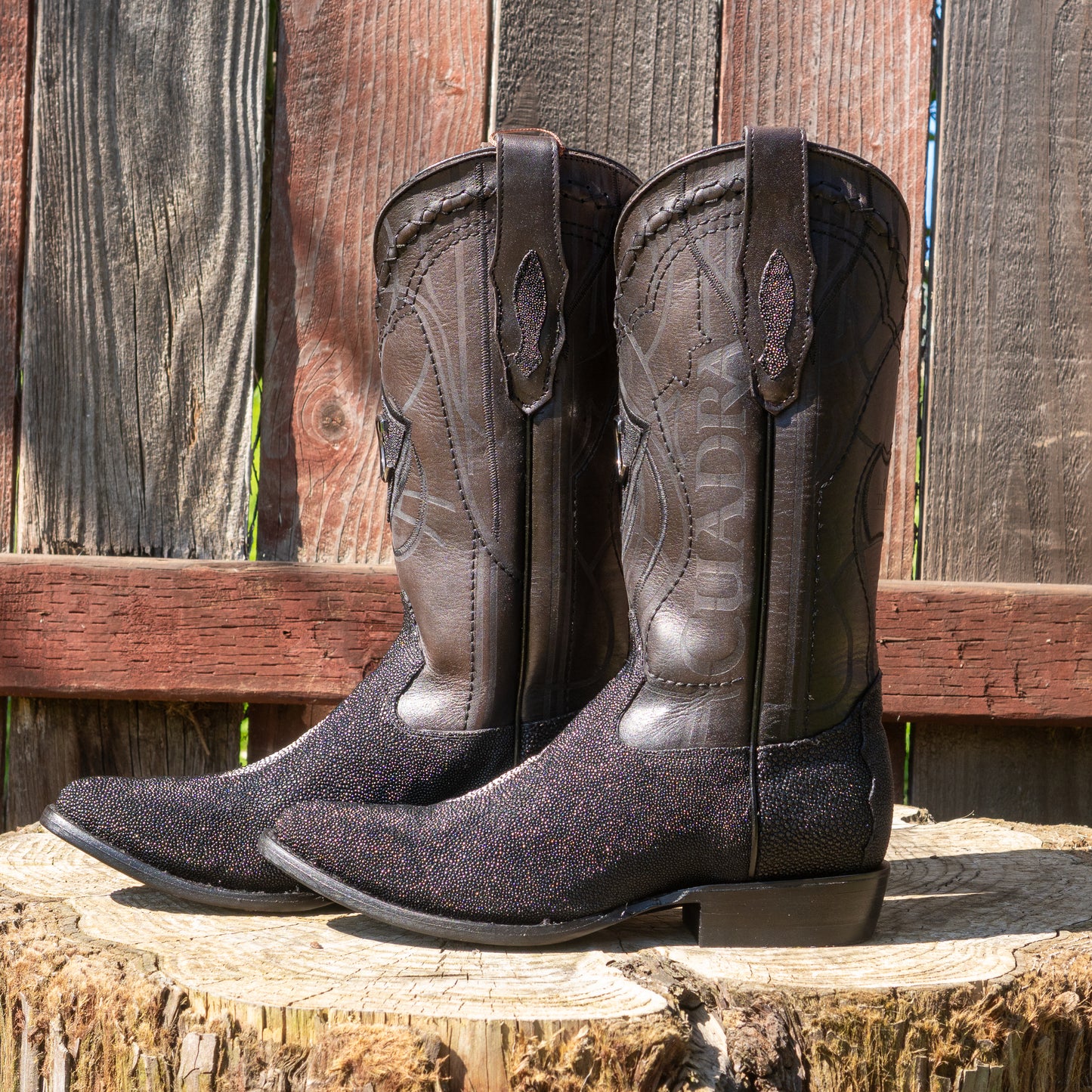 Cuadra Men's Exotic Black Stingray Leather Laser Embroidery and Round Toe Cowboy Boots CU343