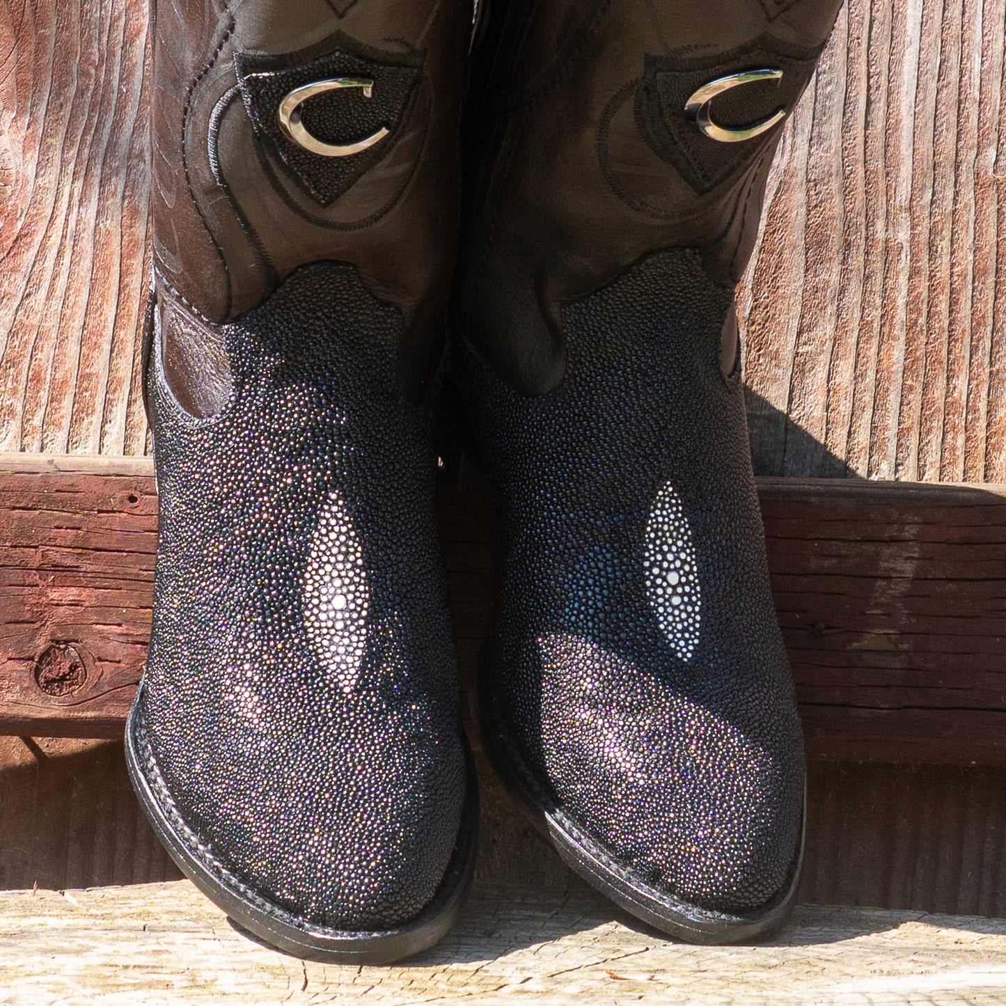 Cuadra Men's Exotic Black Stingray Leather Laser Embroidery and Round Toe Cowboy Boots CU343