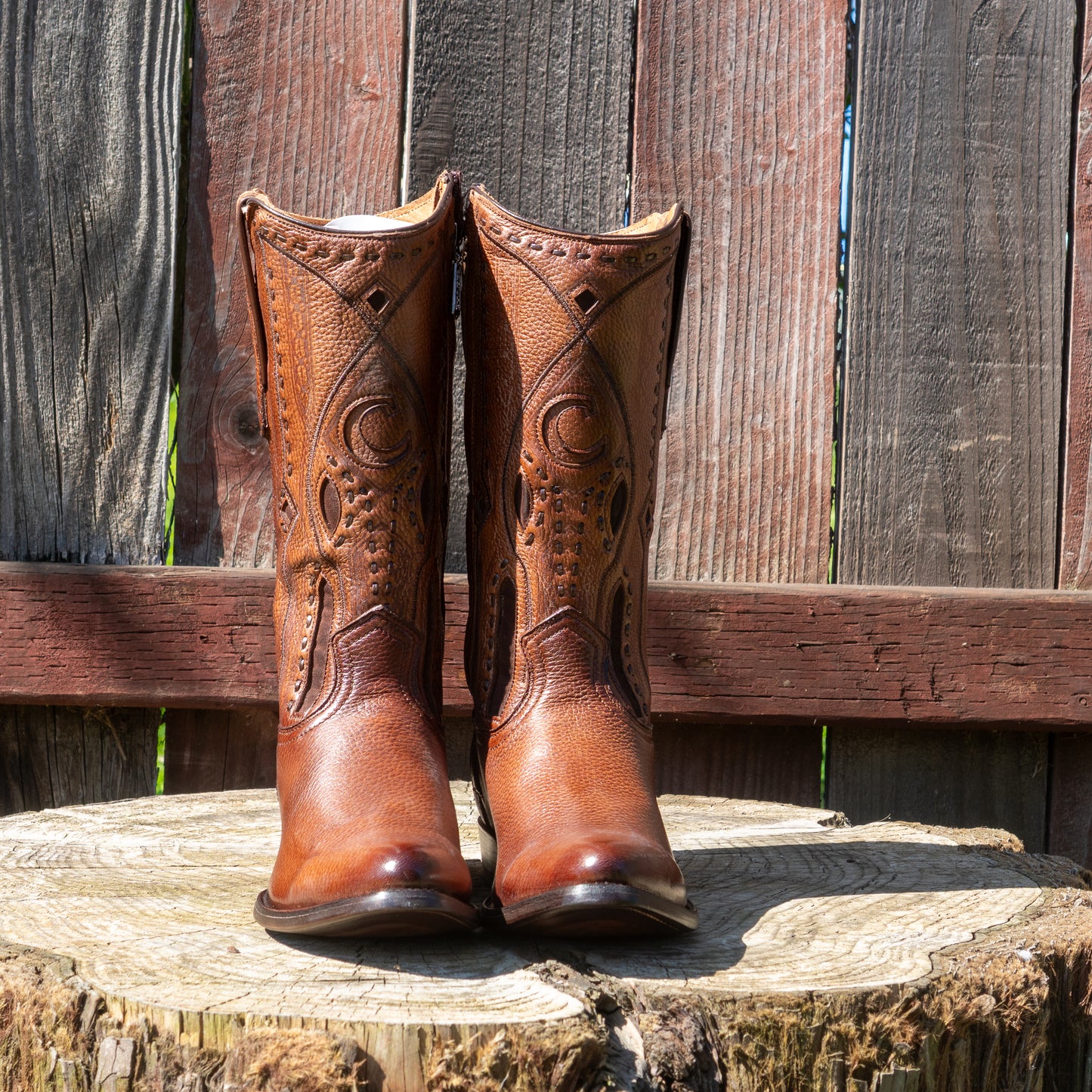 Cuadra Men's Exotic Almond Deer Leather Laser Embroidery and Zipper Round Toe Cowboy Boots