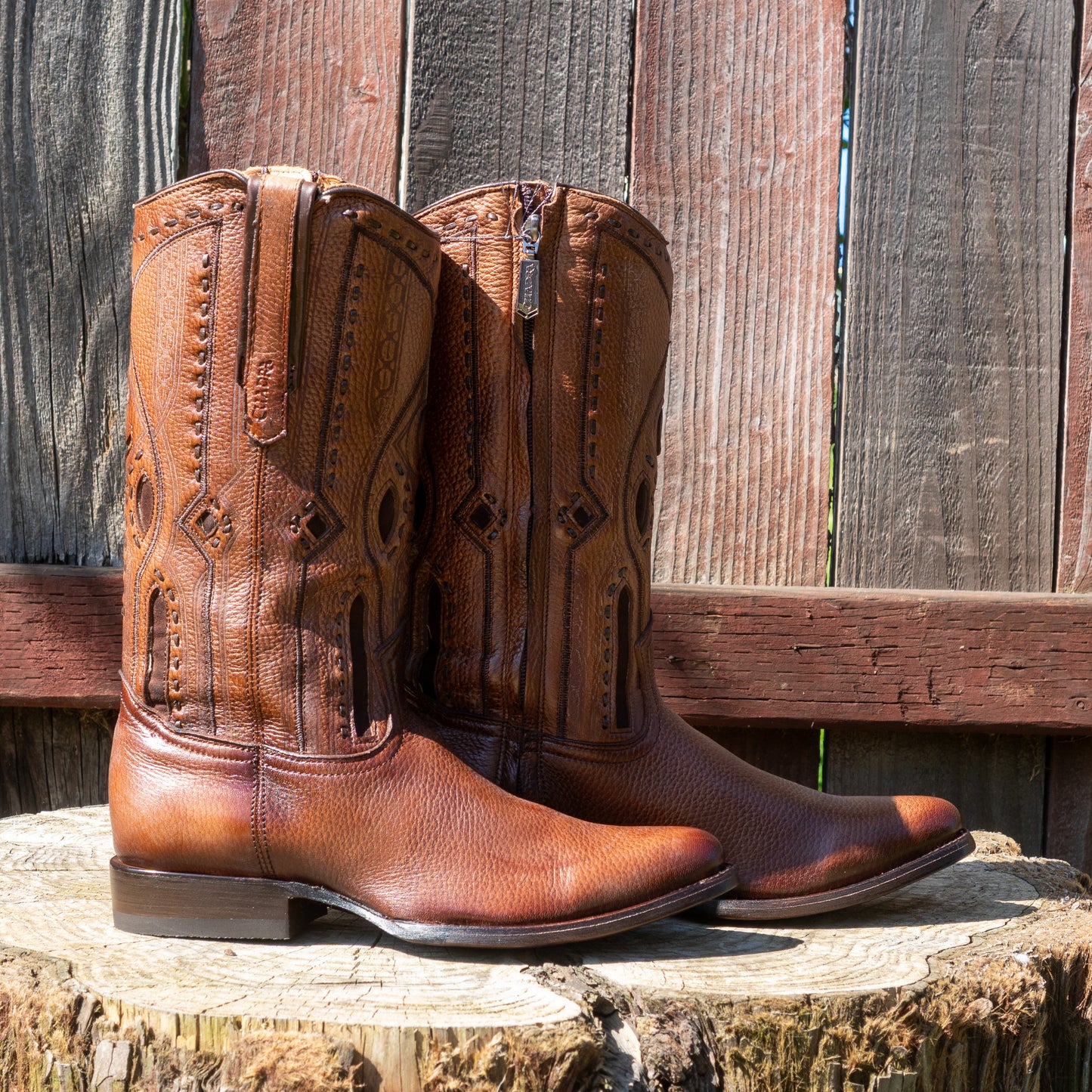 Cuadra Men's Exotic Almond Deer Leather Laser Embroidery and Zipper Round Toe Cowboy Boots