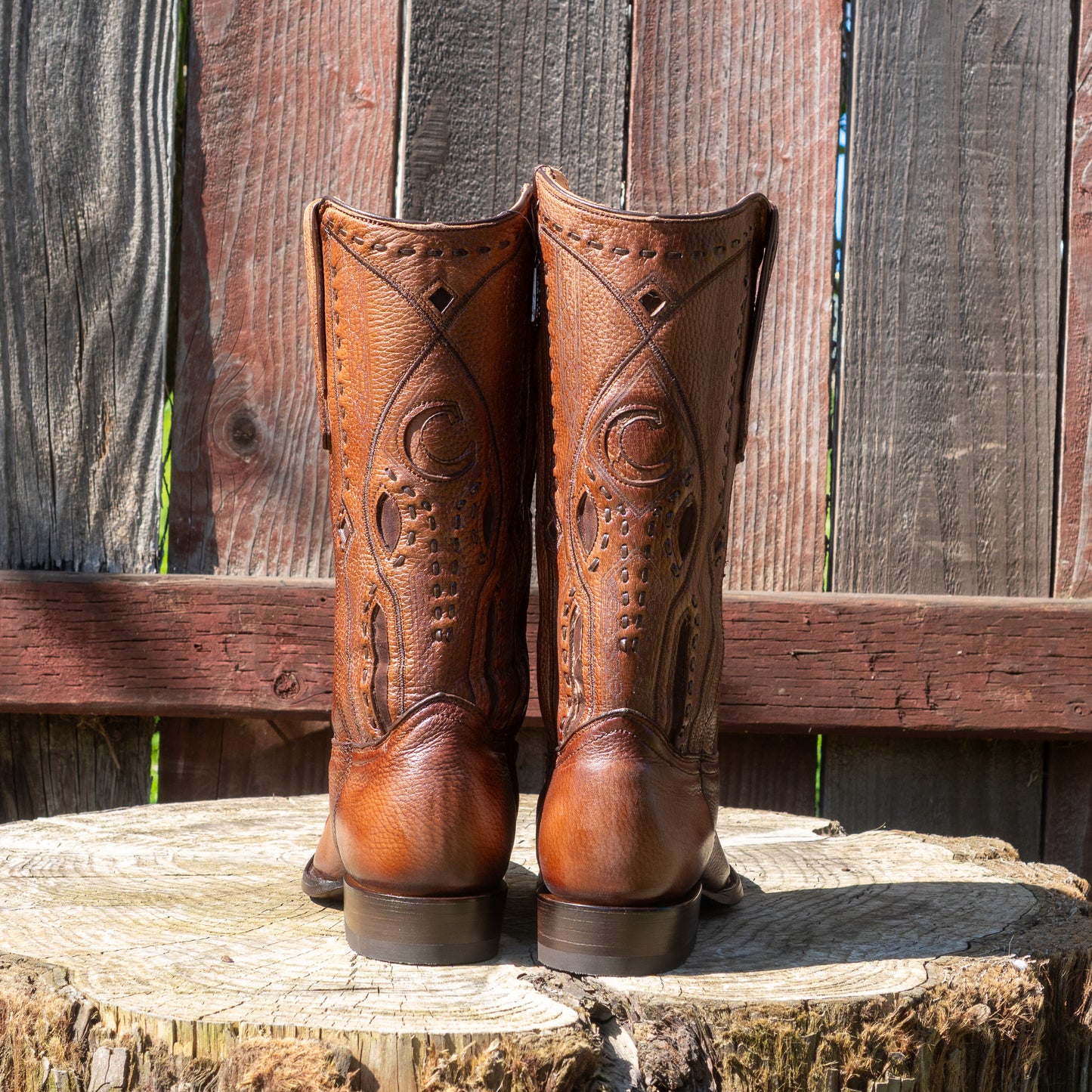 Cuadra Men's Exotic Almond Deer Leather Laser Embroidery and Zipper Round Toe Cowboy Boots