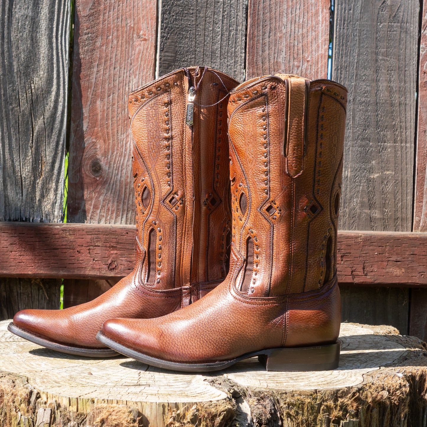 Cuadra Men's Exotic Almond Deer Leather Laser Embroidery and Zipper Round Toe Cowboy Boots