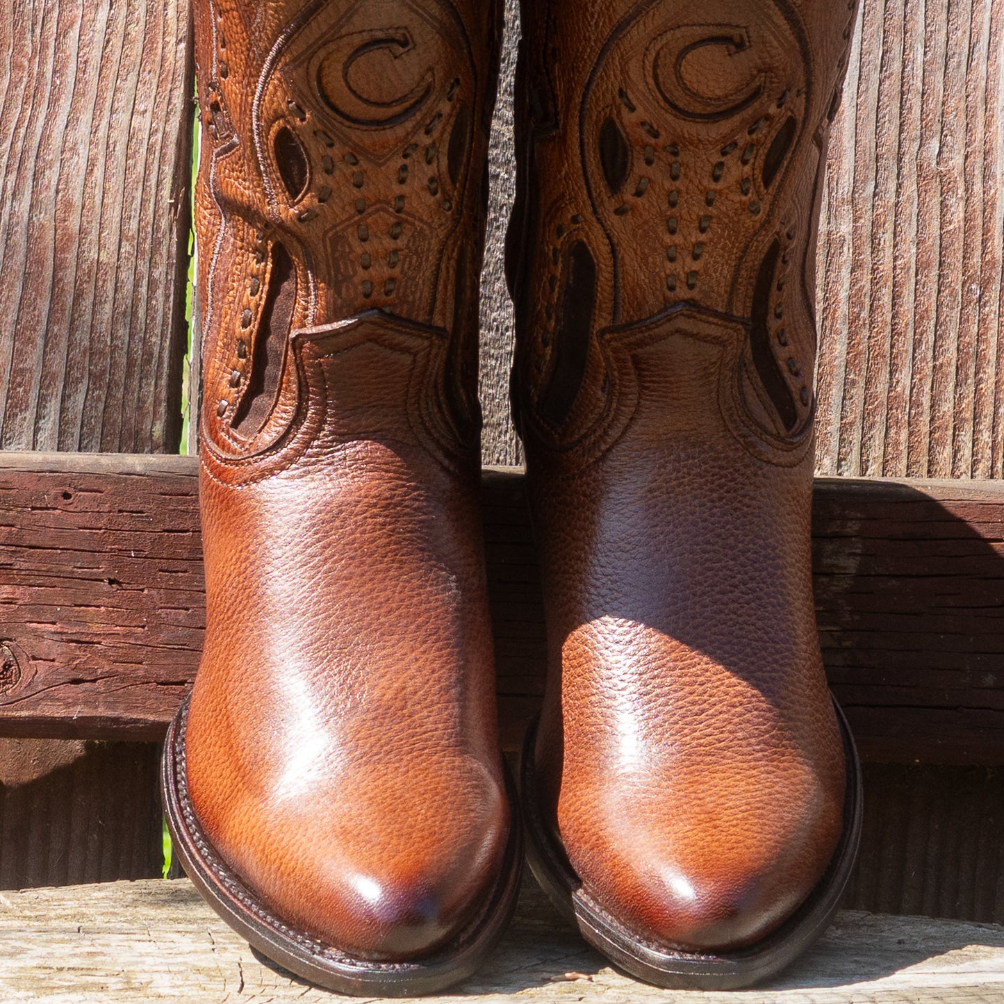 Cuadra Men's Exotic Almond Deer Leather Laser Embroidery and Zipper Round Toe Cowboy Boots