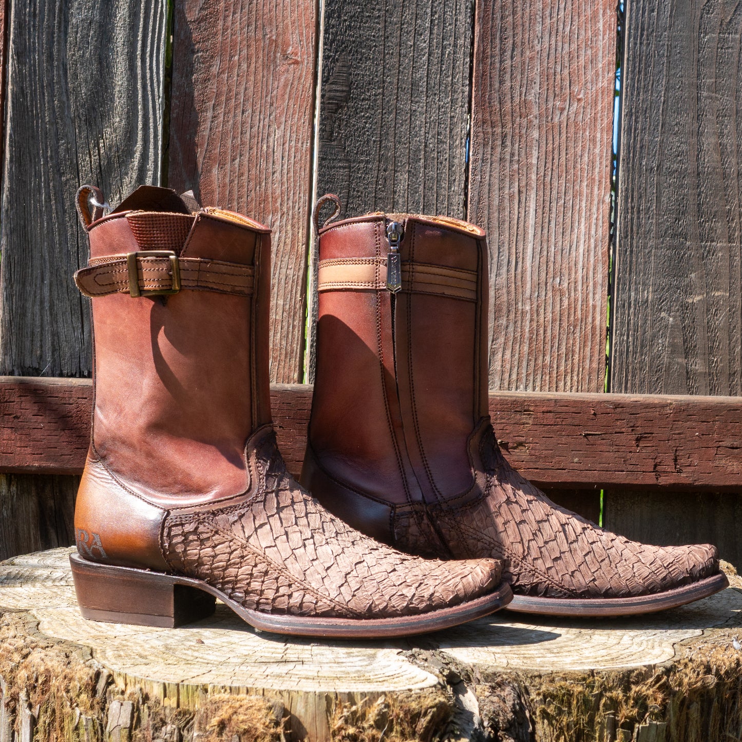 Cuadra Men's Brown Fish Laser and Zipper Narrow Square Toe Cowboy Boots