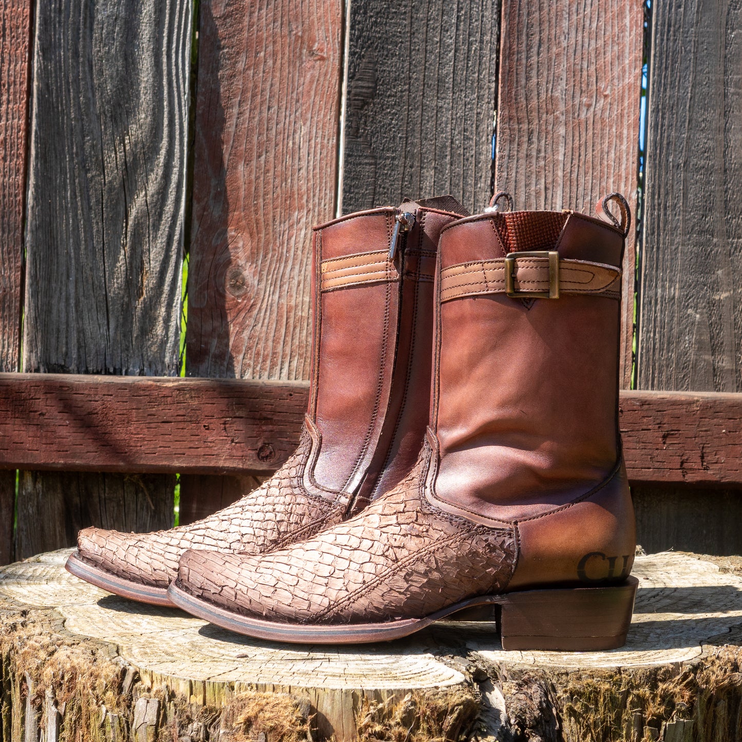 Cuadra Men's Brown Fish Laser and Zipper Narrow Square Toe Cowboy Boots