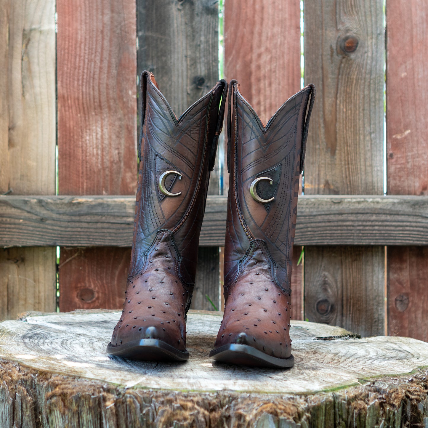 Cuadra Men's Ostrich Laser And Embroidery Snip Toe Cowboy Boots in Flame Chocolate