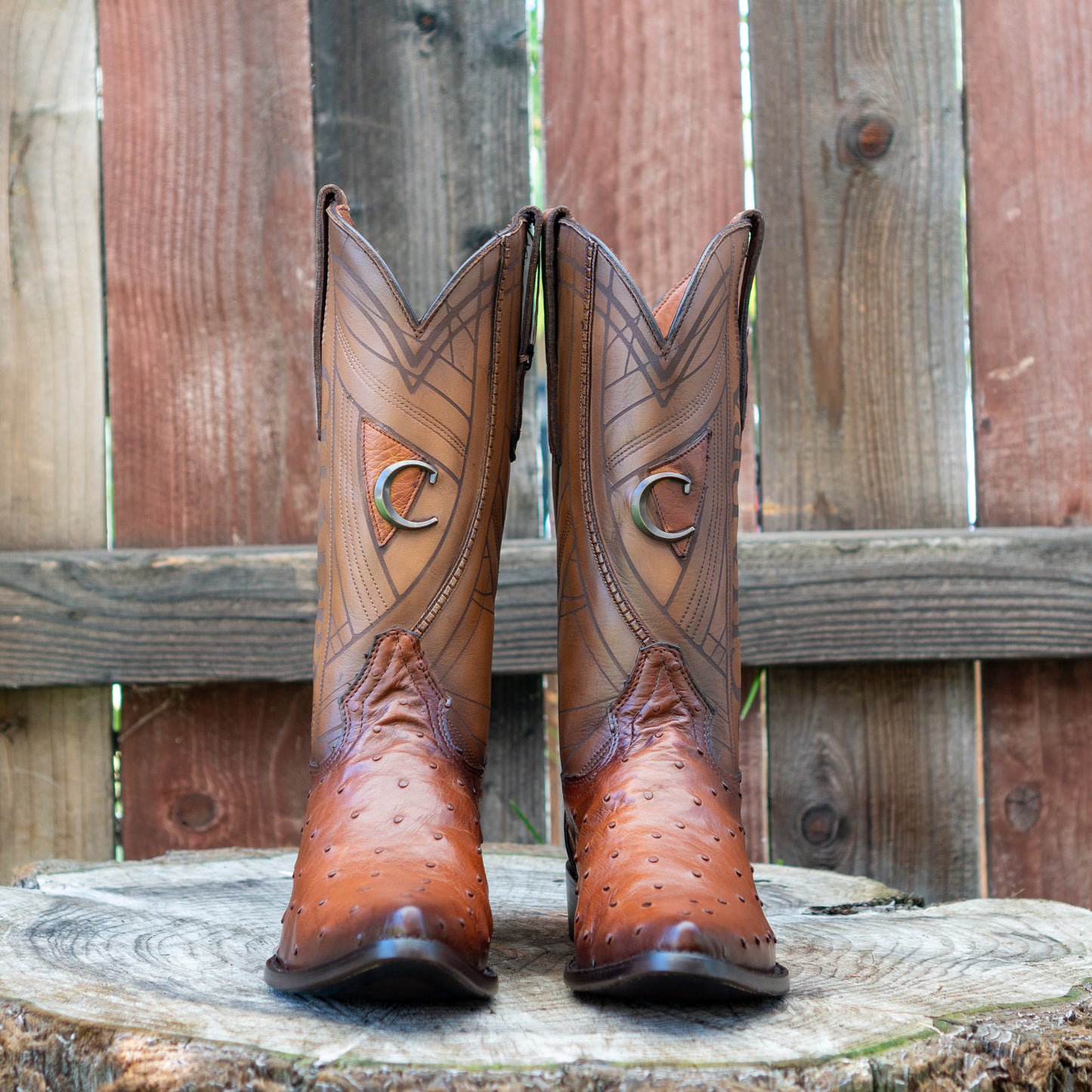 Cuadra Men's Ostrich Laser And Embroidery Snip Toe Cowboy Boots in Flame Honey