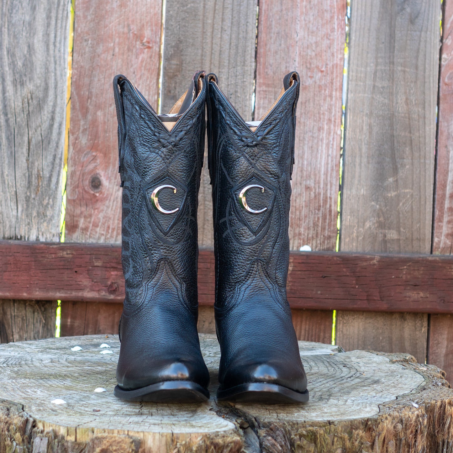 Cuadra Men's Exotic Black Deer Leather Laser Embroidery and Round Toe Cowboy Boots