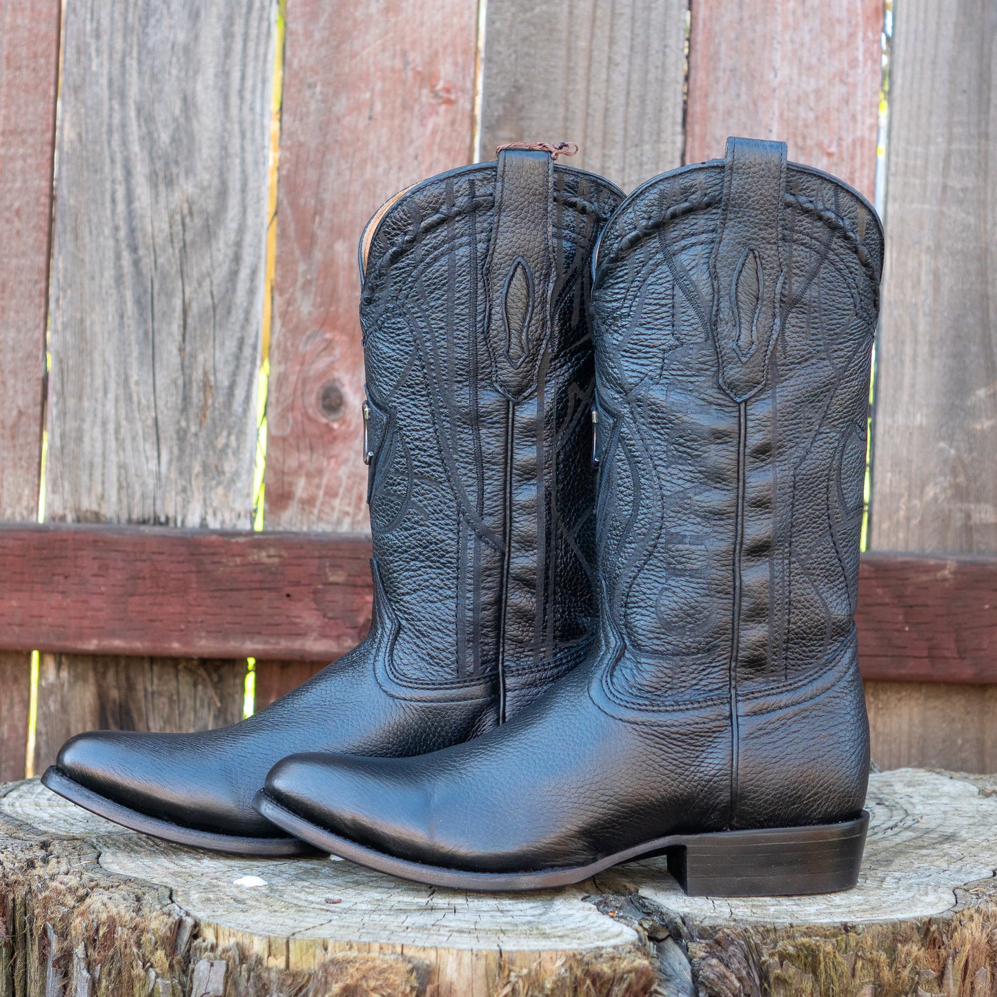 Cuadra Men's Exotic Black Deer Leather Laser Embroidery and Round Toe Cowboy Boots