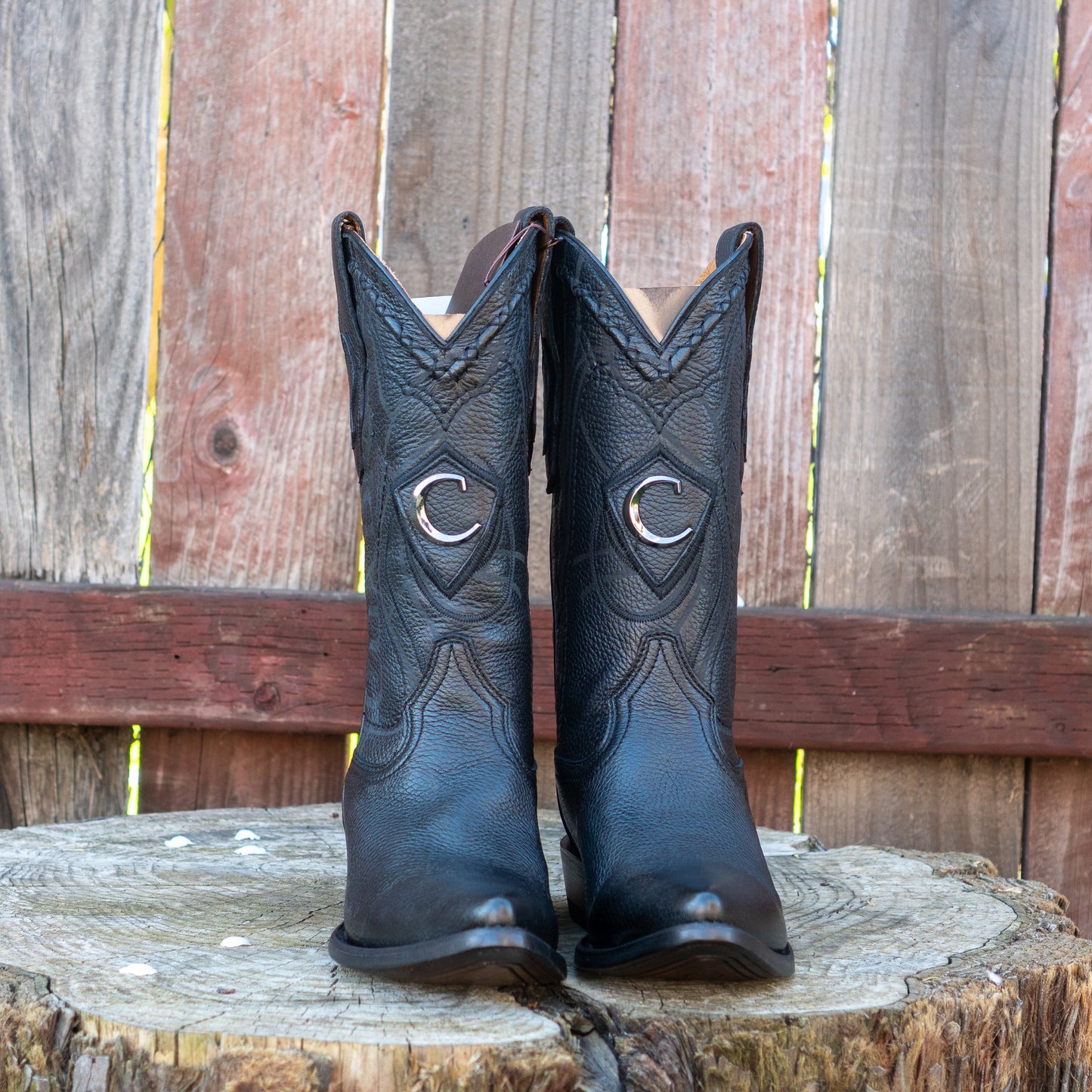Cuadra Men's Exotic Black Deer Leather Laser Embroidery and Snip Toe Cowboy Boots
