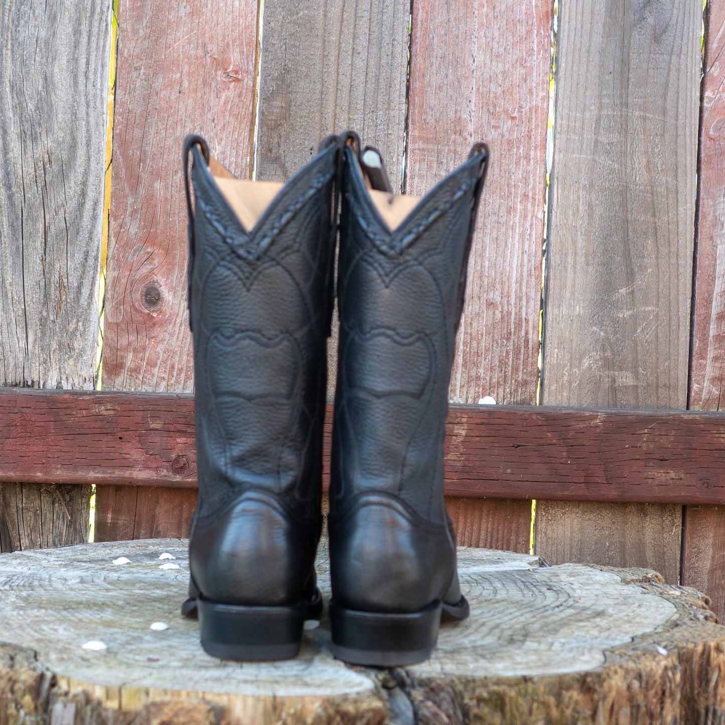Cuadra Men's Exotic Black Deer Leather Laser Embroidery and Snip Toe Cowboy Boots