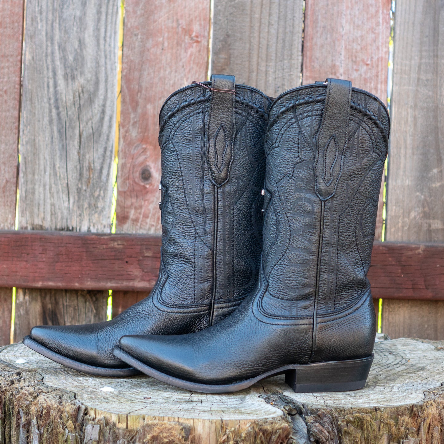 Cuadra Men's Exotic Black Deer Leather Laser Embroidery and Snip Toe Cowboy Boots