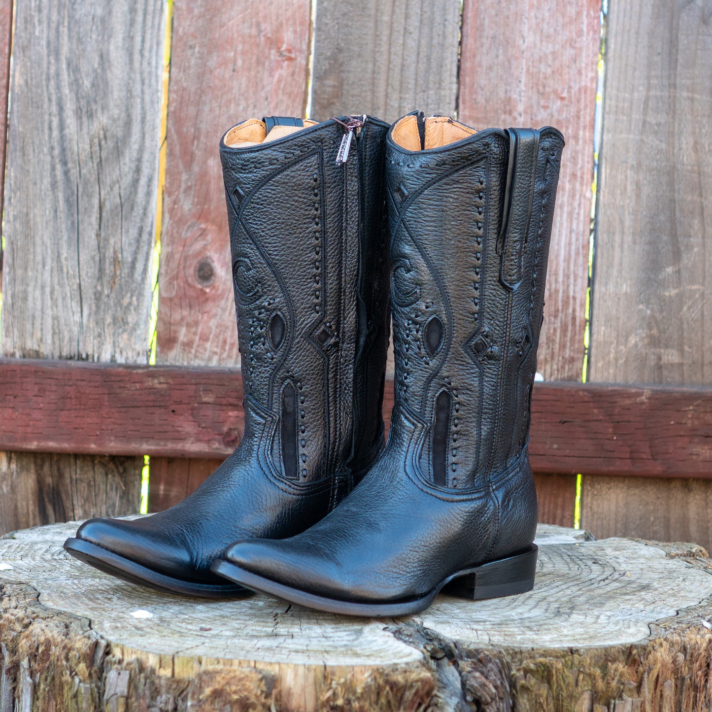 Cuadra Men's Exotic Black Deer Leather Laser Embroidery and Zipper Round Toe Cowboy Boots