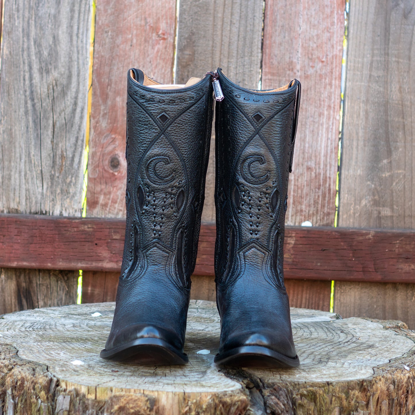 Cuadra Men's Exotic Black Deer Leather Laser Embroidery and Zipper Round Toe Cowboy Boots