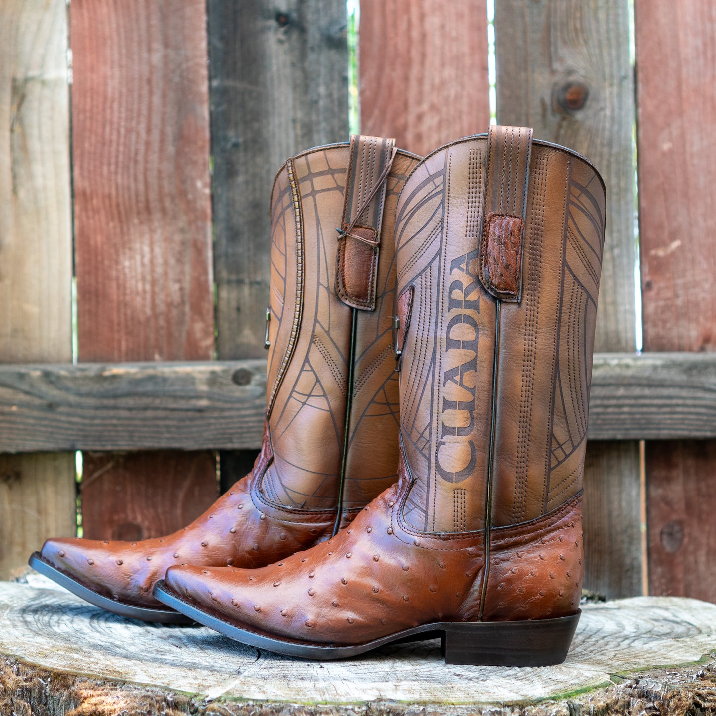Cuadra Men's Ostrich Laser And Embroidery Snip Toe Cowboy Boots in Flame Honey