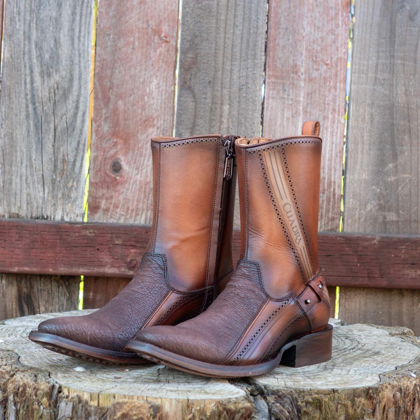 Cuadra Men's Cognac Shark Laser Hand Painted Zipper Boots